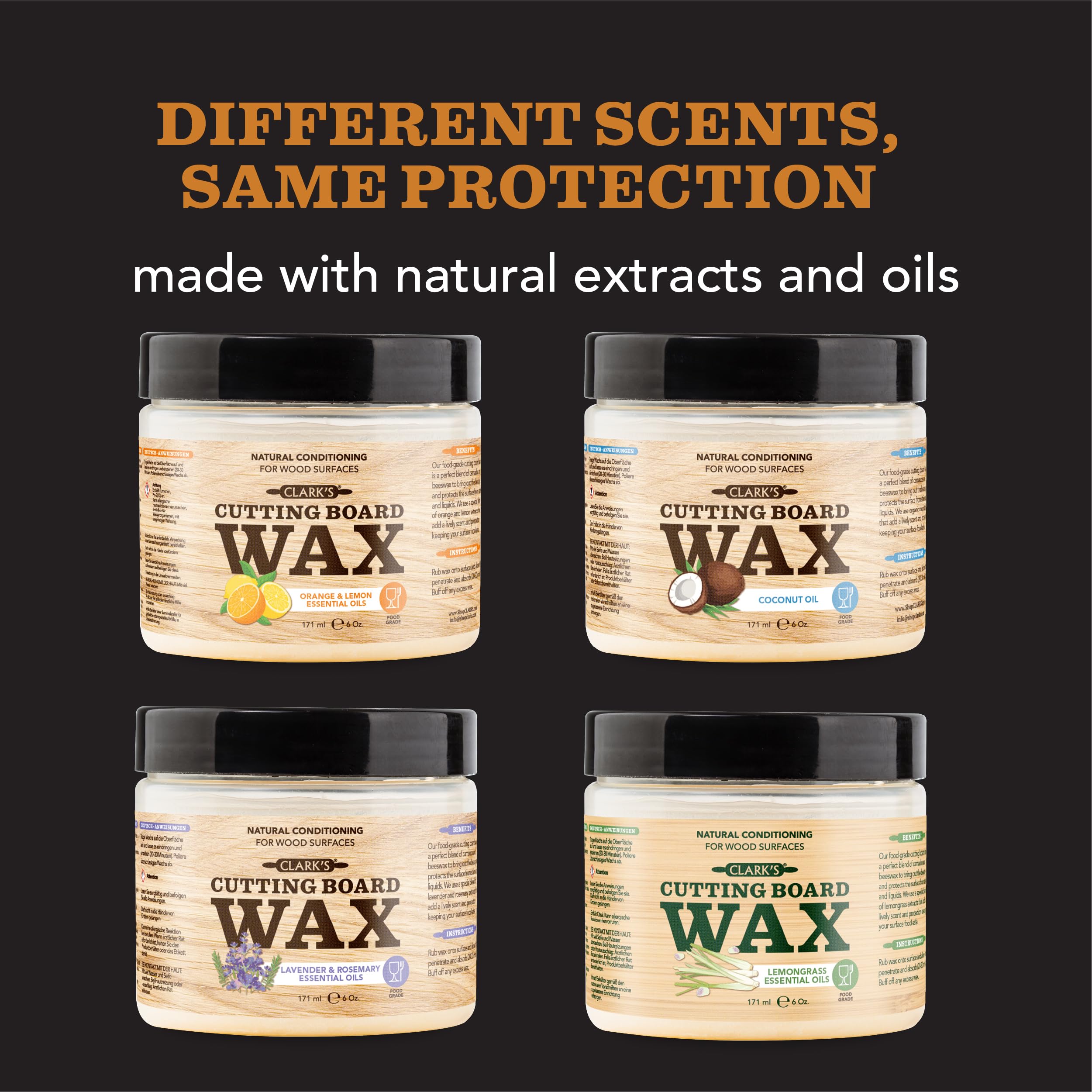 CLARK'S Cutting Board Finish Wax (6oz) | Enriched with Lemon & Orange Oils | Made with Natural Beeswax and Carnauba Wax | Butcher Block Wax