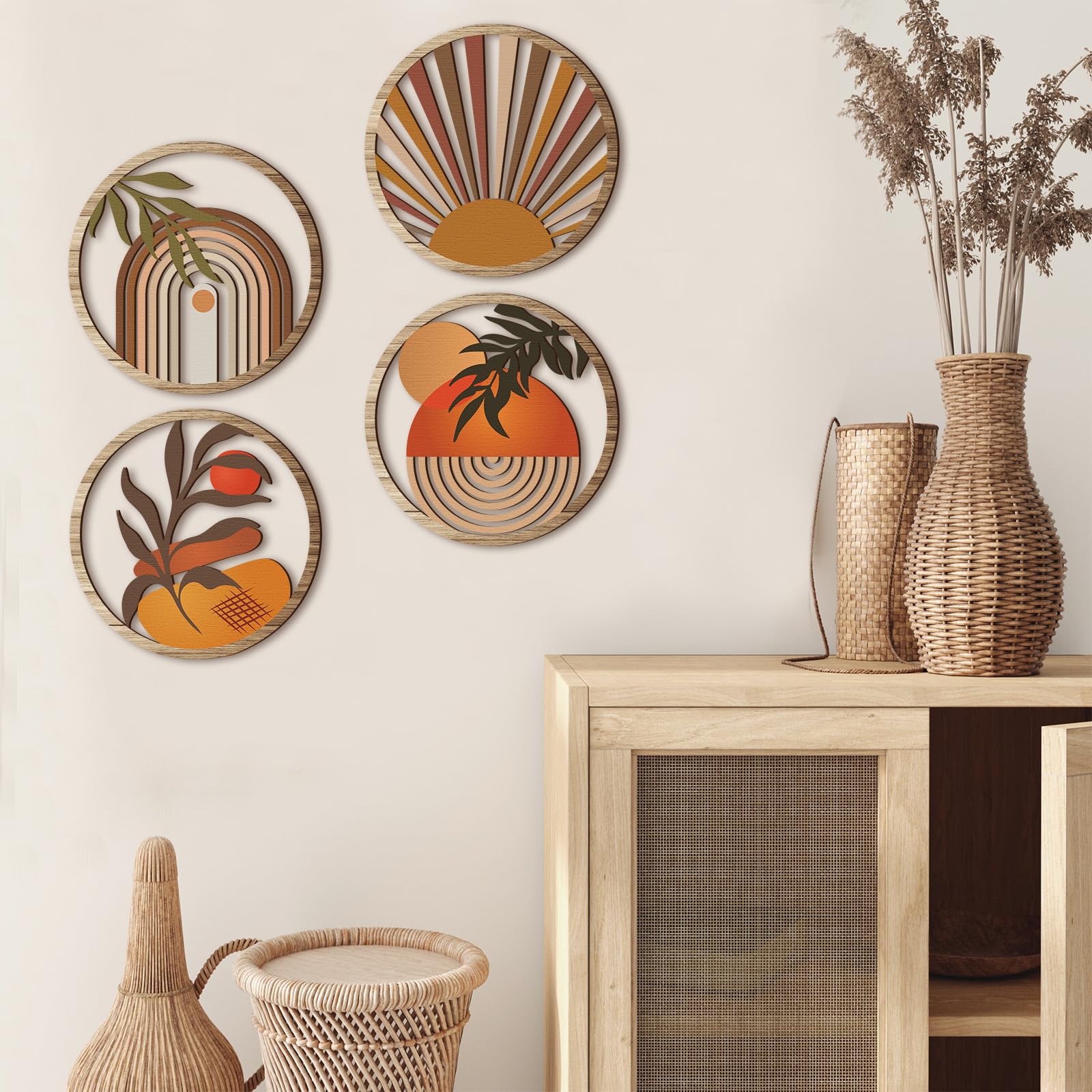 Qunclay 4 Pcs Boho Wall Art Bohemian Wooden Round Circle Wall Decor Hollow out Hanging Farmhouse Aesthetic for Bedroom Living Room Bathroom Bedroom Bathroom Patio Apartment Gift 10 Inch(Stylish)