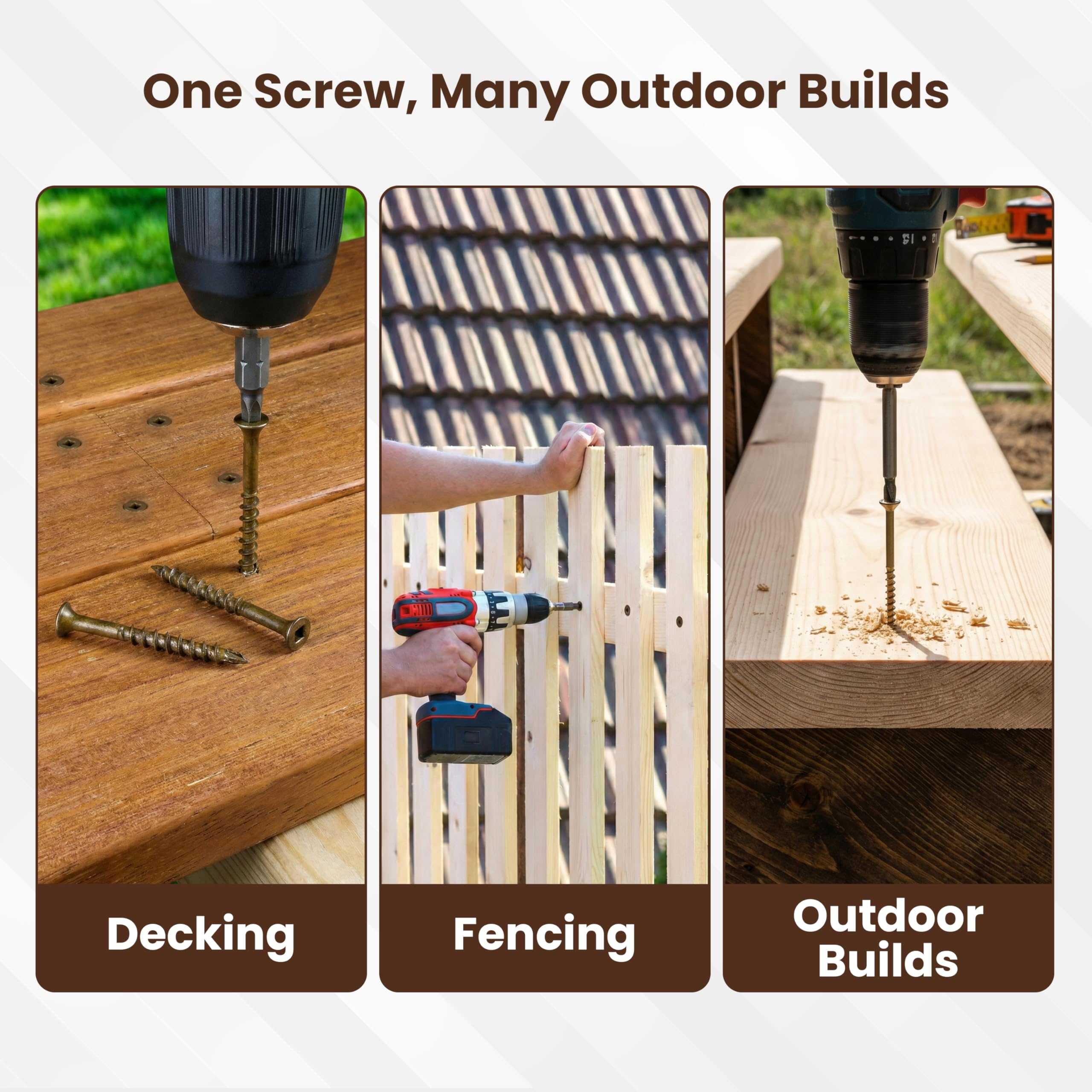 #8 x 3 Deck Screws, Square Drive Bugle Head, Brown Ceramic Ruspert Coated Exterior Wood Screws for Pressure Treated Lumber, Corrosion Resistant, 250 Piece Box