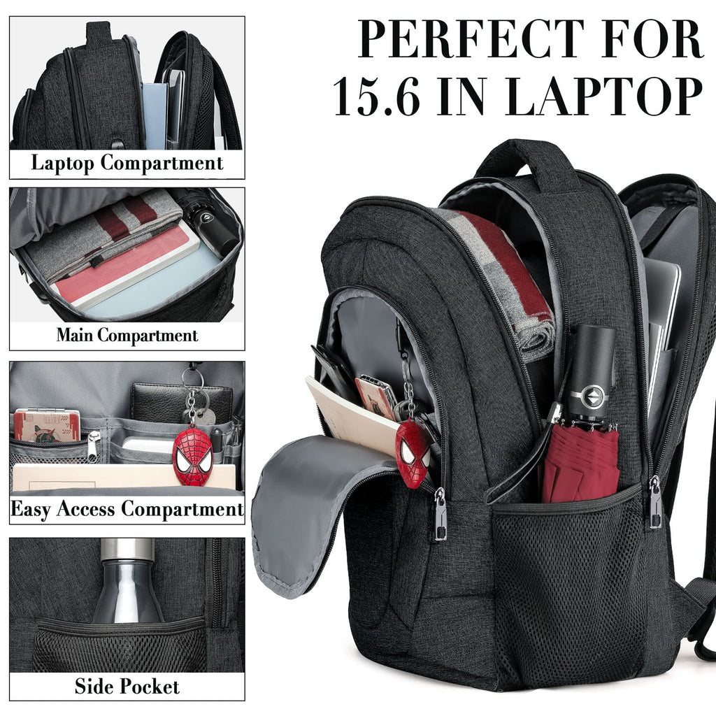 Backpack for Men and Women, School Backpacks for Teen Boys and Girls, Black Water Resistant Back Pack, Business Men Sturdy Computer Bag with USB Charging Port, Gifts