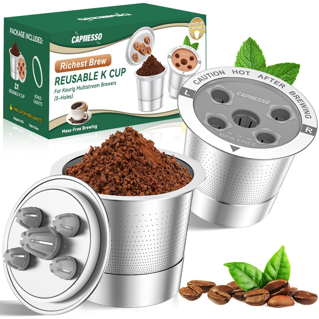 CAPMESSO Reusable K Cups for Keurig: 2025 Updated My K Cup Metal Coffee Filter Refillable Coffee Pods with 5 Holes - for K Supreme/K Slim/K-Duo Gen2/K-Brew Chill with MultiStream Technology (2 Pack)