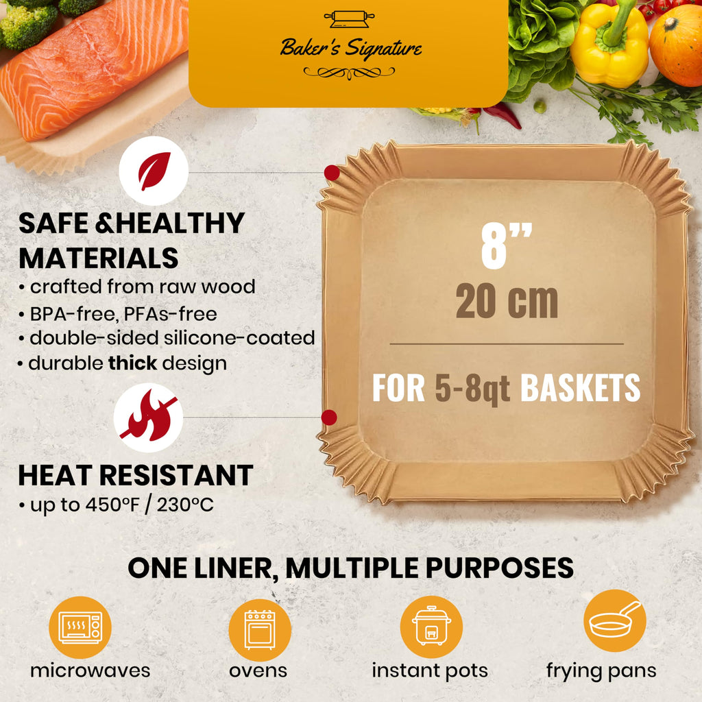 Air Fryer Liners, 125Pcs Disposable Parchment Paper Liners – Non-Stick and Oil Proof for Easy Cleanup – 8” Square for 5-8 qt Basket by Baker's Signature