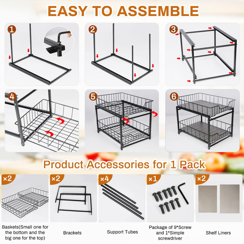 Under Sink Organizer 2 Tier Pull Out Under Sink Organizers, Rustproof Under Cabinet Organizer, Multipurpose Sliding Drawer Pull Out Shelf Organizer for Kitchen Bathroom Cabinet
