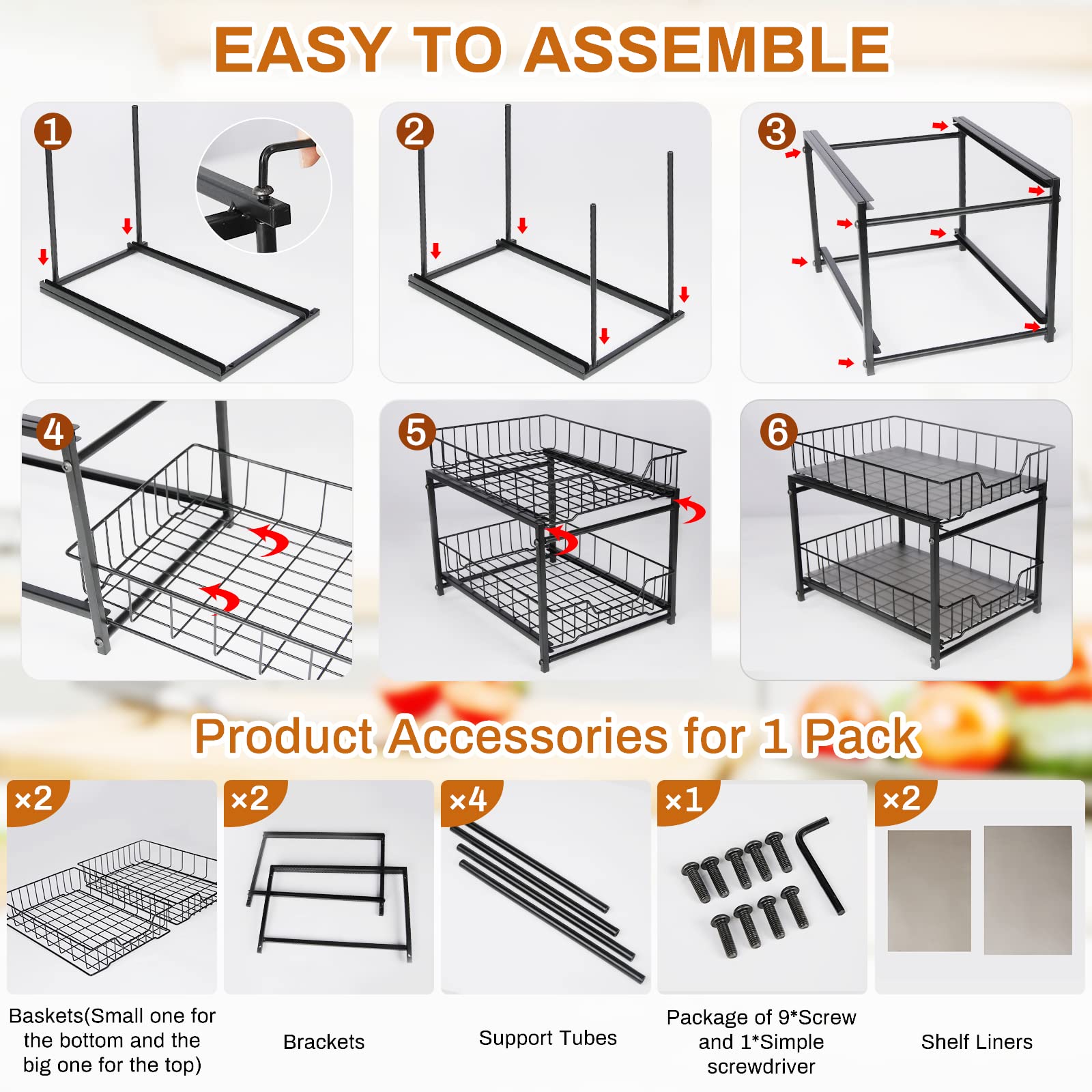 Under Sink Organizer 2 Tier Pull Out Under Sink Organizers, Rustproof Under Cabinet Organizer, Multipurpose Sliding Drawer Pull Out Shelf Organizer for Kitchen Bathroom Cabinet