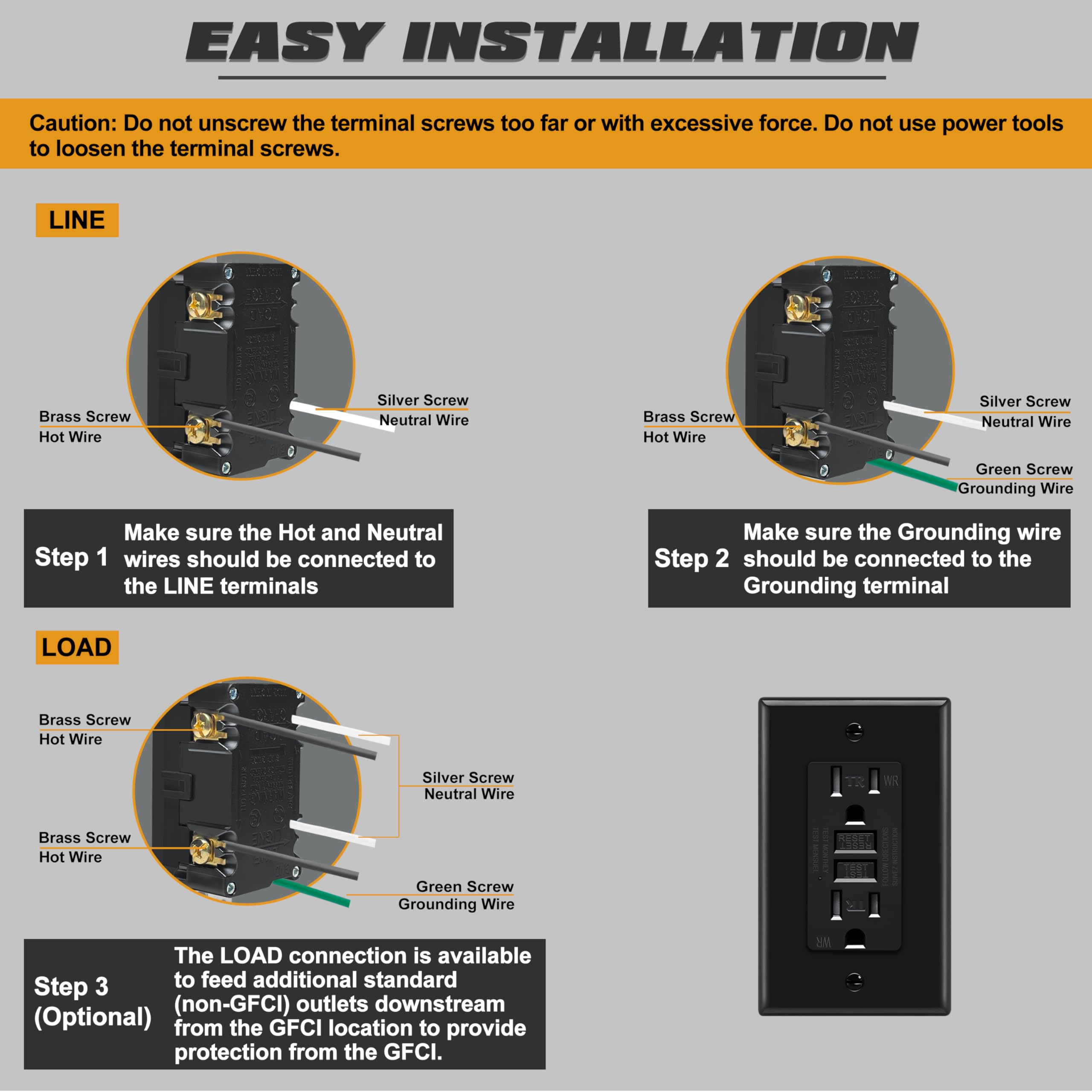 ELECTECK GFCI Outlets 15 Amp, Outdoor Weather Resistant (WR), Decor GFI Receptacles with LED Indicator, Ground Fault Circuit Interrupter, Wallplate Included, ETL Certified, Black