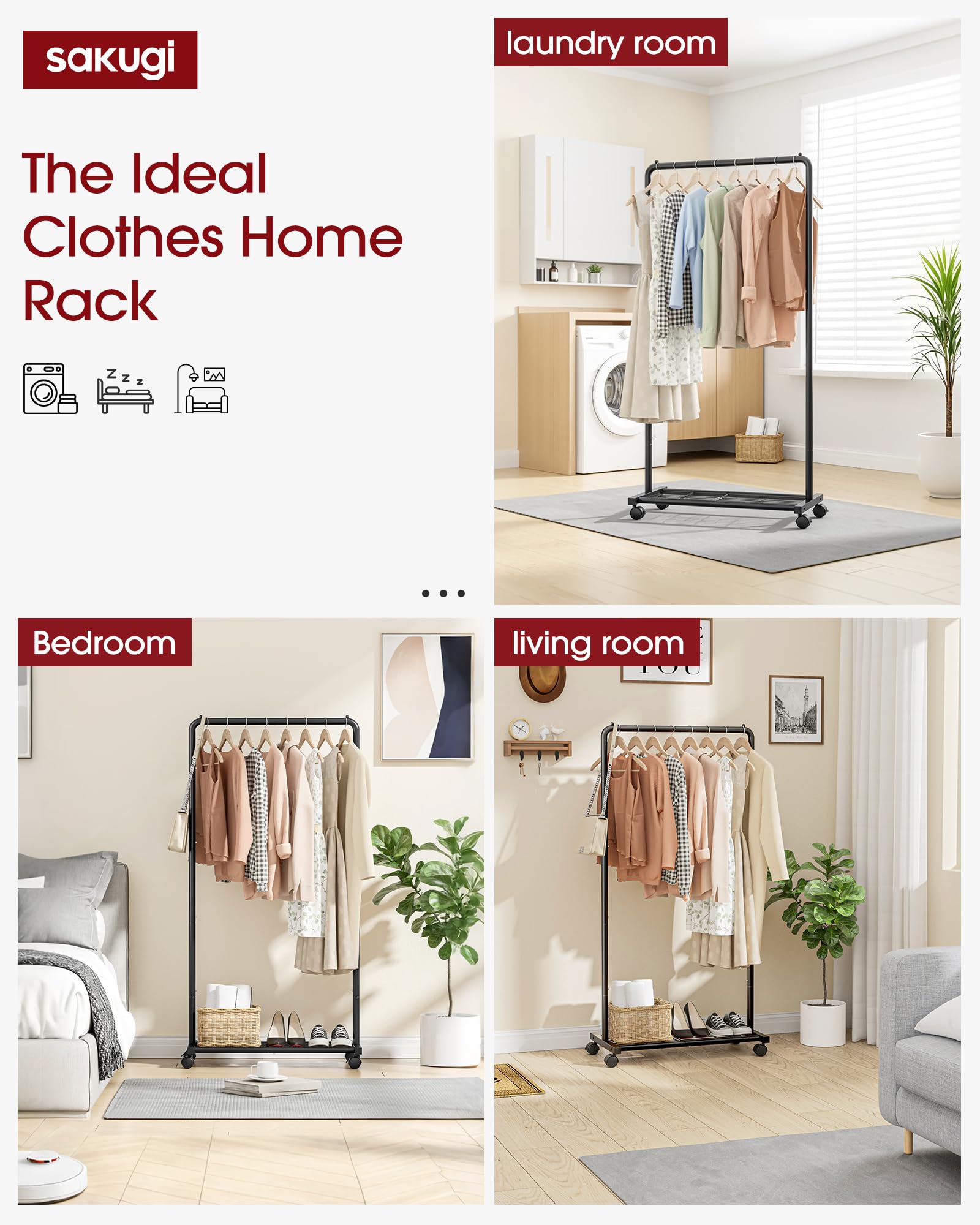 Sakugi Clothing Rack - Movable Multi-Functional Coat Rack with 4 Universal Wheels, Long-Lasting Metal Clothes Rack with Extra Storage Shelf for Bedroom, Office, Laundry(Black, 73W x 43.5D x 150H cm)