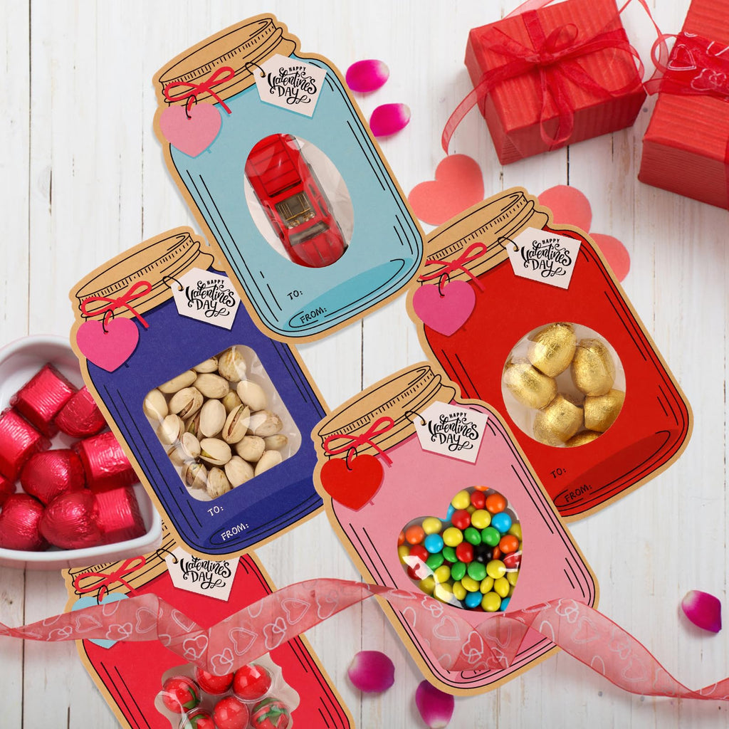 Giiffu 50 Pack Mason Jar Valentine Cards for Kids Classroom, 5 Color Designs DIY Valentine’s Day Cards with Treat Bags, Candy Valentines for School Exchange Party Favors (Candy Not Included)