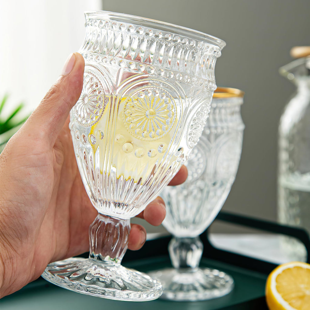 Kingrol 6 Pack Wine Glasses Goblets, 10 oz Vintage Water Glasses, Romantic Mixed Drink Glasses for Party, Daily Use