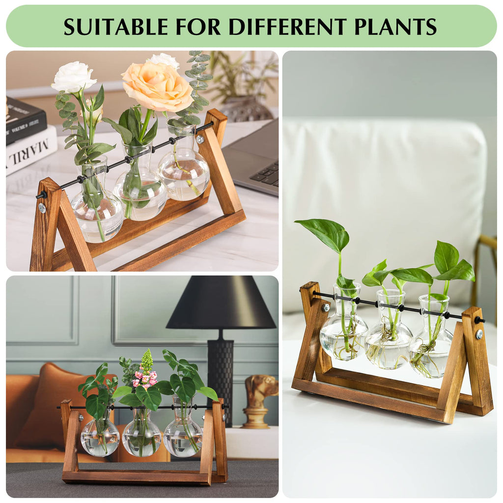 XXXFLOWER Plant Terrarium Wooden Stand Propagation Station Glass Bulb Vase, Desk Plants Holder Retro Style for Tabletop Hydroponics Home Wedding Garden Decor, 3 Bulb Vase