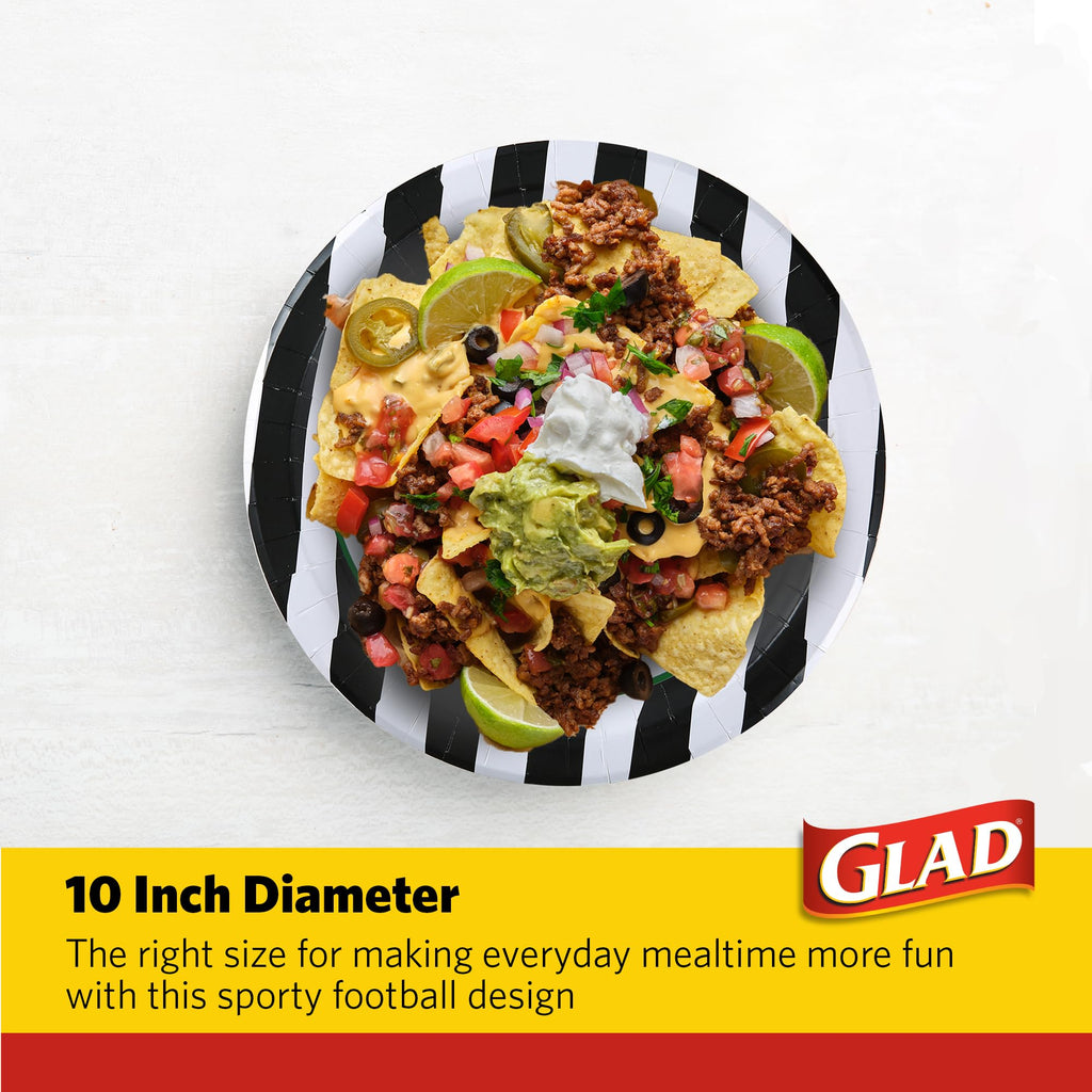 Glad Everyday Round Disposable Paper Plates with Referee Football Design | Cut-Resistant, Microwavable Paper Plates for All Foods & Daily Use | 10 Inches, 58 Count