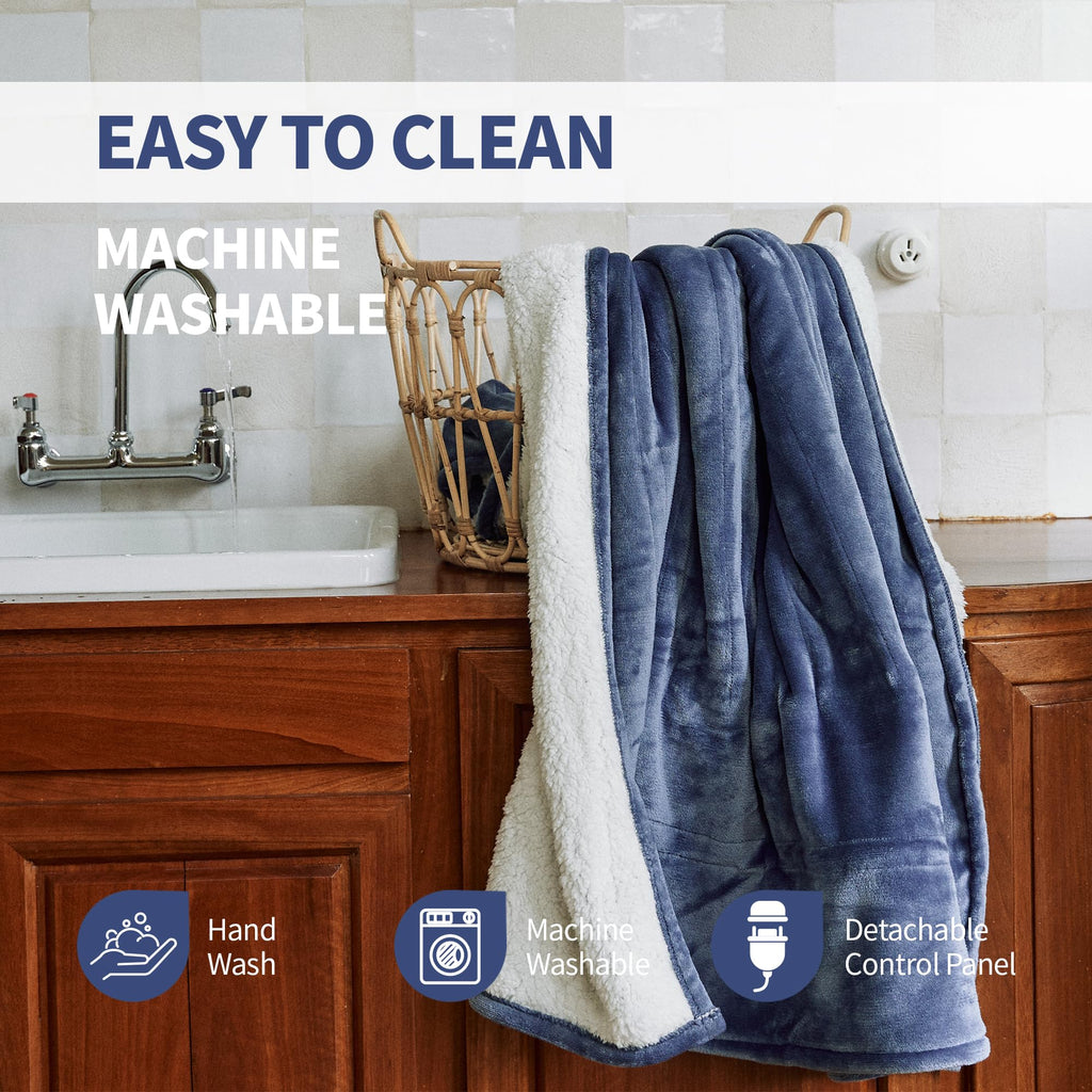 SOGANASA Heated Blanket Throw 50"x60" - Machine Washable Electric Throw Blanket Office Heated Throw Blanket with ETL & FCC Certification 5 Heating Levels 3 Hour Auto-Off Overheat Protection(Blue)