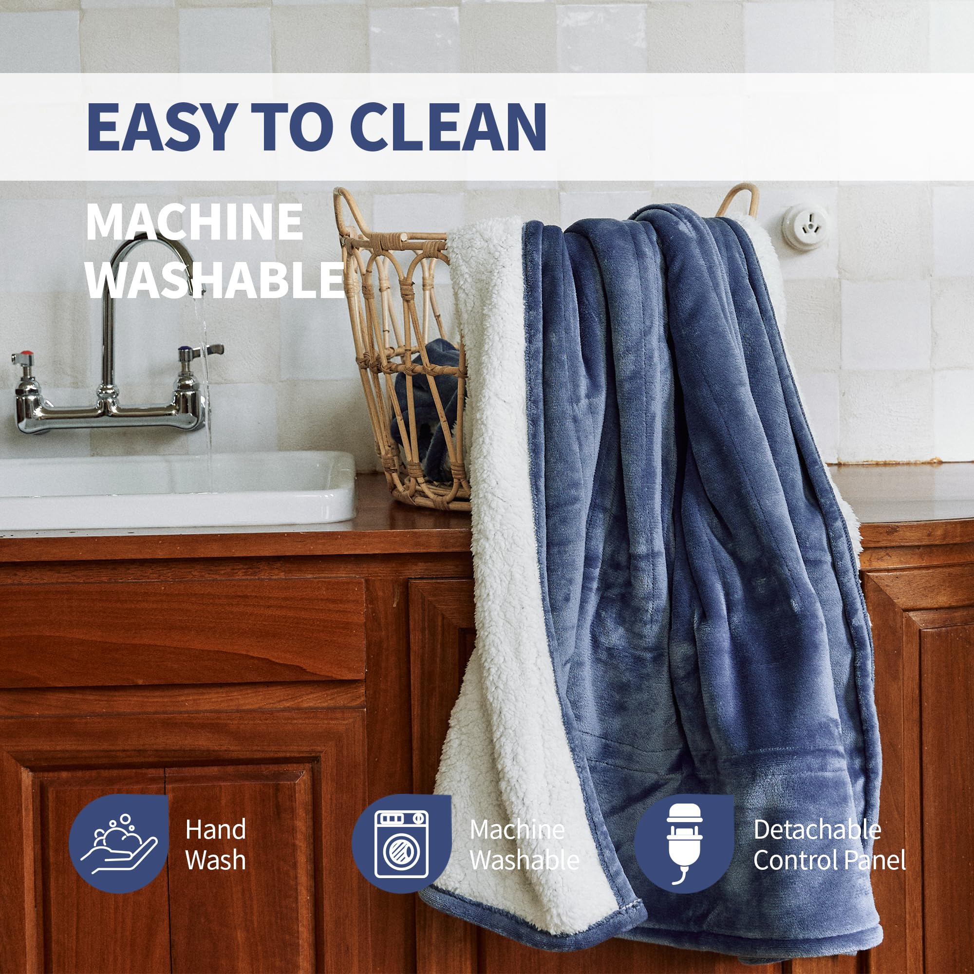 SOGANASA Heated Blanket Throw 50"x60" - Machine Washable Electric Throw Blanket Office Heated Throw Blanket with ETL & FCC Certification 5 Heating Levels 3 Hour Auto-Off Overheat Protection(Blue)