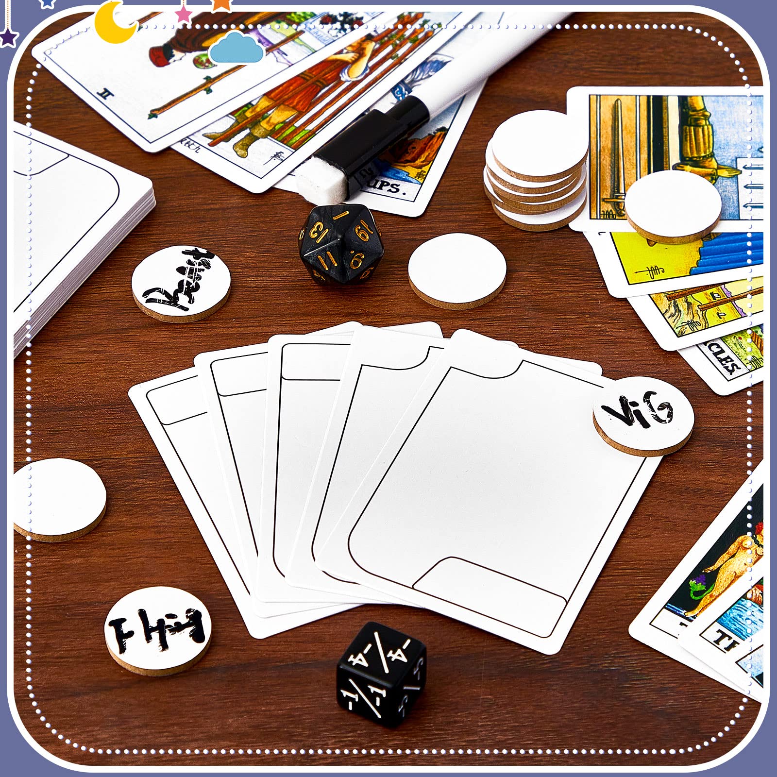 24 Pieces Double Sided Reusable Dry Rubbing Cards with Markers and Round Tokens, Portable Erasable Describable Blank Cards for Adult Group Activities
