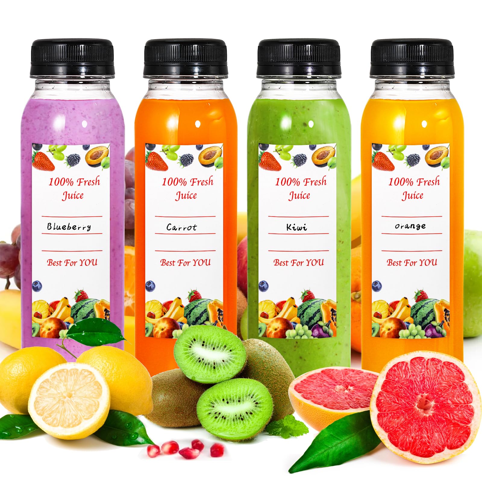 YOUEON 24 Pcs 8 Oz Empty Plastic Juice Bottles with Tamper Evident Caps, Reusable Water Bottles, Juice Containers with Labels, Funnel and Brush for Drinks, Juices, Smoothies and Other Beverages