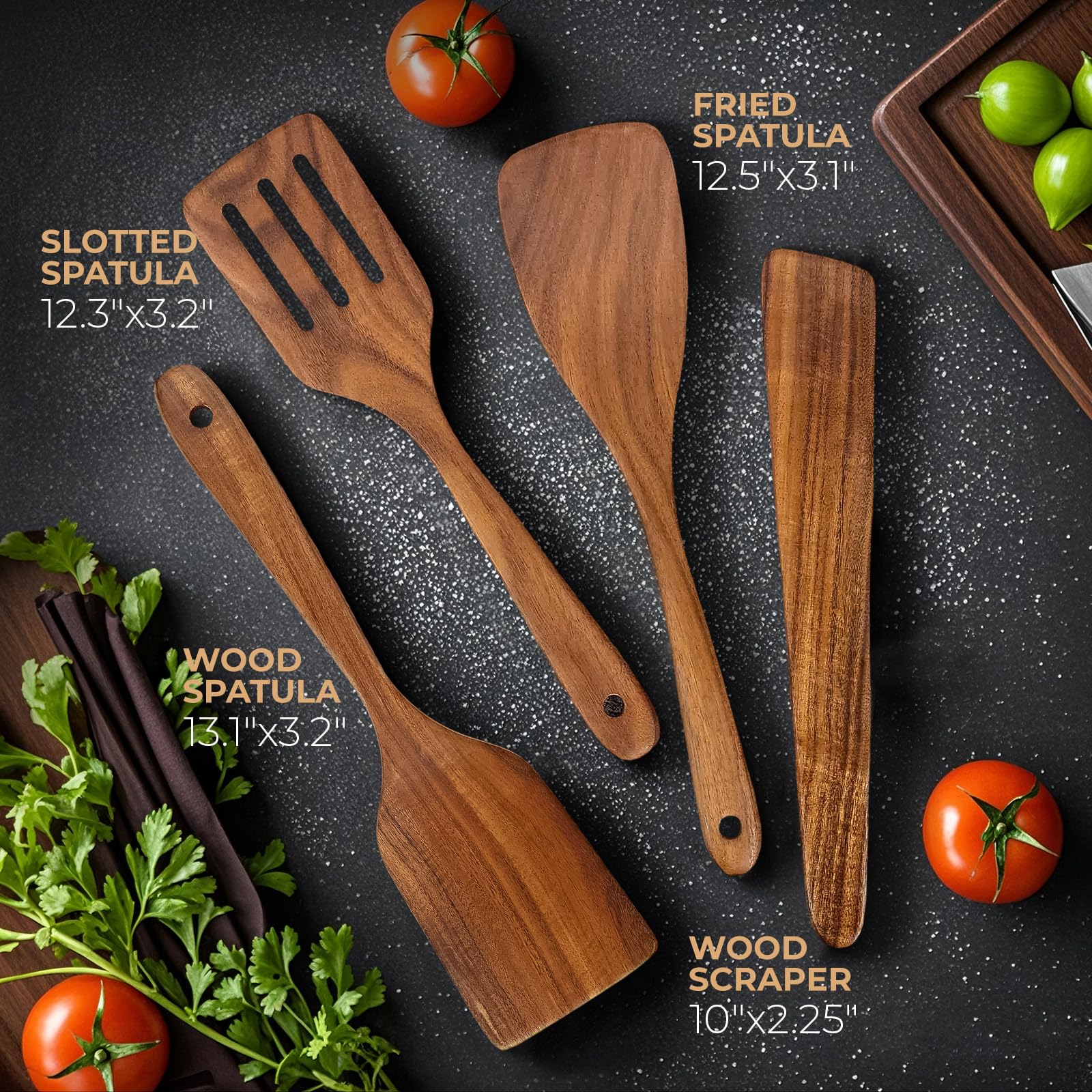 AIUHI Wooden Spatula for Cooking, 4Pcs Natural Teak Wood Turner Set for Nonstick Cookware, Wooden Cooking Utensil Set for Frying, Flipping, Scraping, and Turning