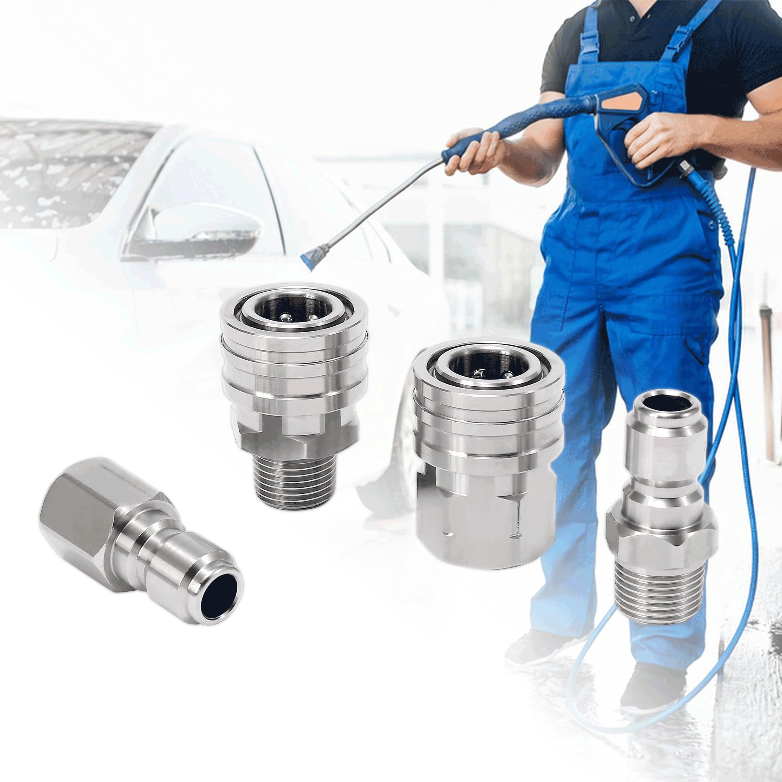 RIDGE WASHER Quick Connect 3/8 Inch Pressure Washer Adapter Set, Stainless Steel Fittings, Female and Male NPT Thread, 4 Pcs