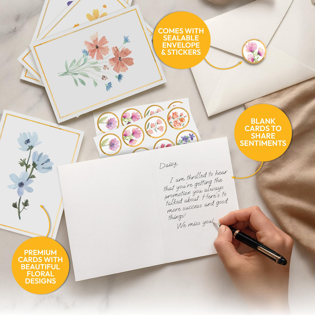 Only Zest 30 Blank Cards with Envelopes Set 4x6 Inch – Minimalistic Floral Design with Gold Border – Note Cards for Greetings, Thank You, Sympathy, Encouragement, Celebration, Personal Messages