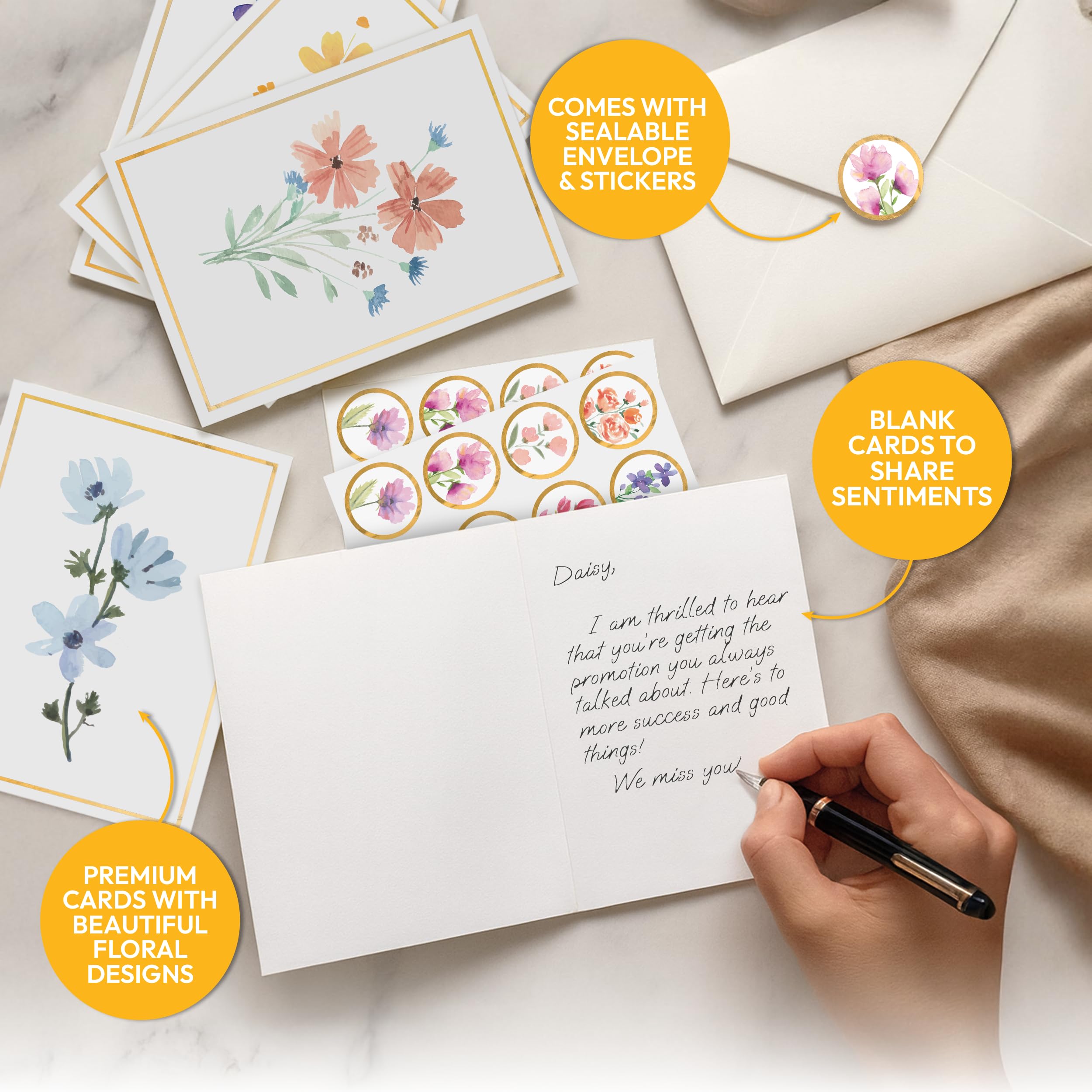 Only Zest 30 Blank Cards with Envelopes Set 4x6 Inch – Minimalistic Floral Design with Gold Border – Note Cards for Greetings, Thank You, Sympathy, Encouragement, Celebration, Personal Messages