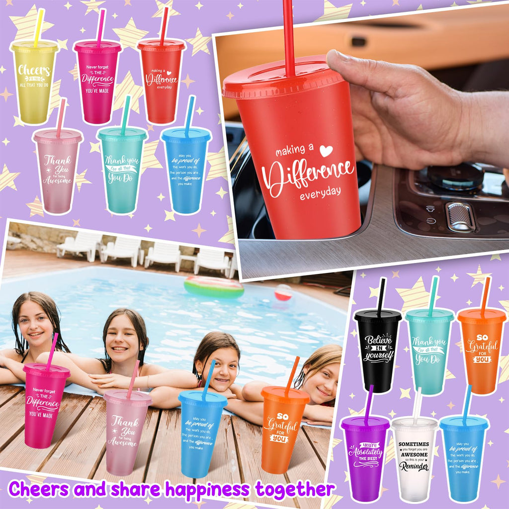 20 Pcs Thank You Tumblers Bulk 24 oz Inspirational Plastic Cups Glitter Reusable Tumblers with Straw and Lid Iced Coffee Water Bottle for Teacher Nurse Coworker Staff Employee Appreciation Gifts