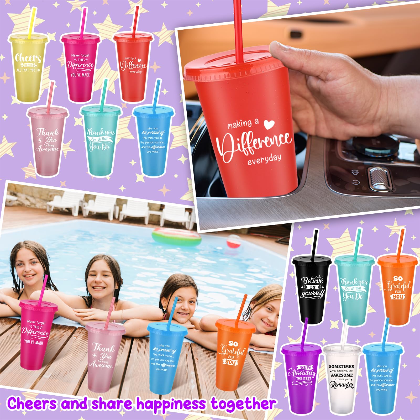 20 Pcs Thank You Tumblers Bulk 24 oz Inspirational Plastic Cups Glitter Reusable Tumblers with Straw and Lid Iced Coffee Water Bottle for Teacher Nurse Coworker Staff Employee Appreciation Gifts