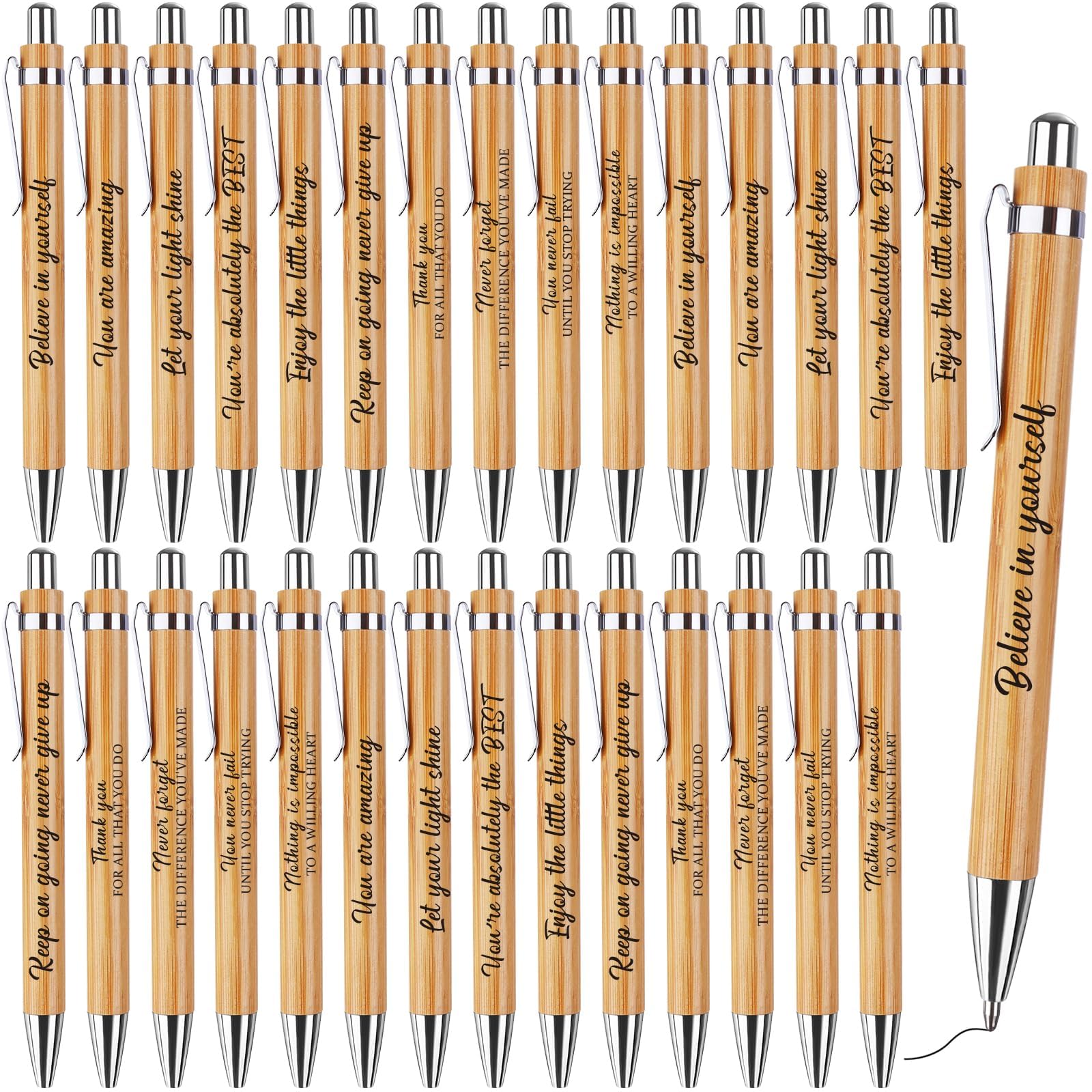 30 Pcs Inspirational Ballpoint Pens with Inspirational Quotes Stylus Bulk Motivational Bamboo Wooden Pen Thank You Pens Black Ink Gel Pens for Home Office School Supplies
