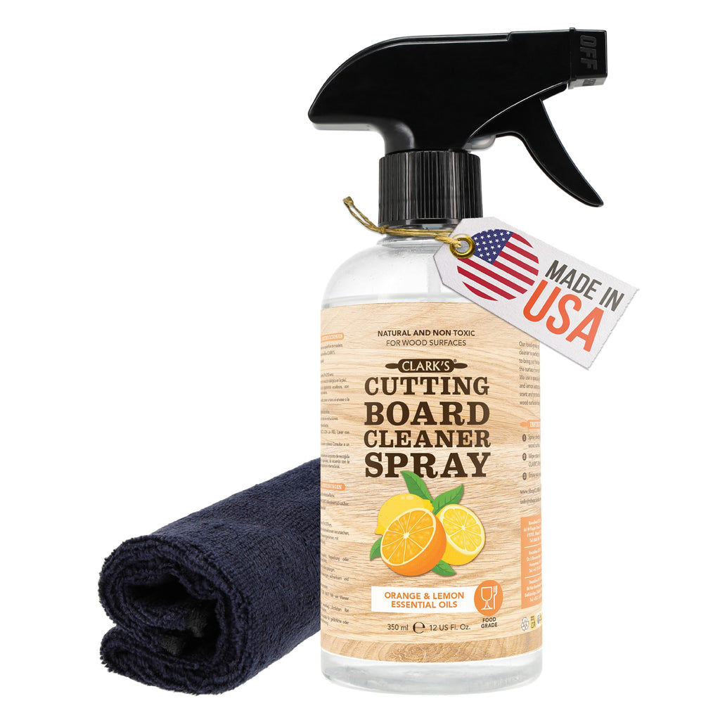 CLARK’S Natural Cutting Board Spray Cleaner with Microfiber Cloth for Wood Countertop – Pure Ingredients Filtered Water, Distilled Vinegar, Castile Soap, Lemon & Orange Citrus Oil Extracts, 12oz
