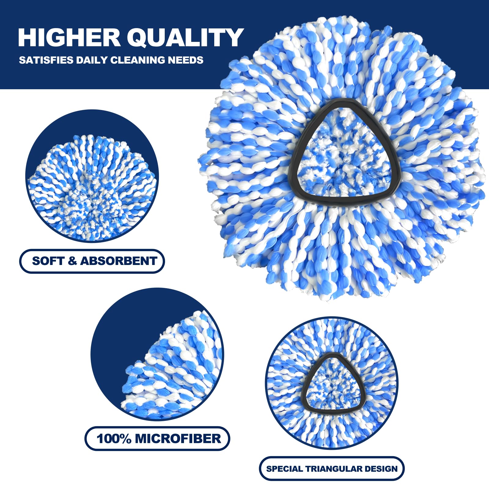 Spin Mop Head Refill, 6Pcs Rotating Triangle Replacement Pads, Microfiber, Washable, Reusable