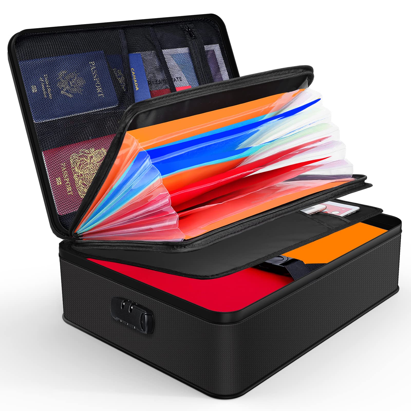 JUNDUN Document Organizer, Fireproof Document Box with Accordian,Fireproof Document Bag with Lock, 7 Pockets Document Holder with Handle Portable File Bag for Important Documents,Files,Passports