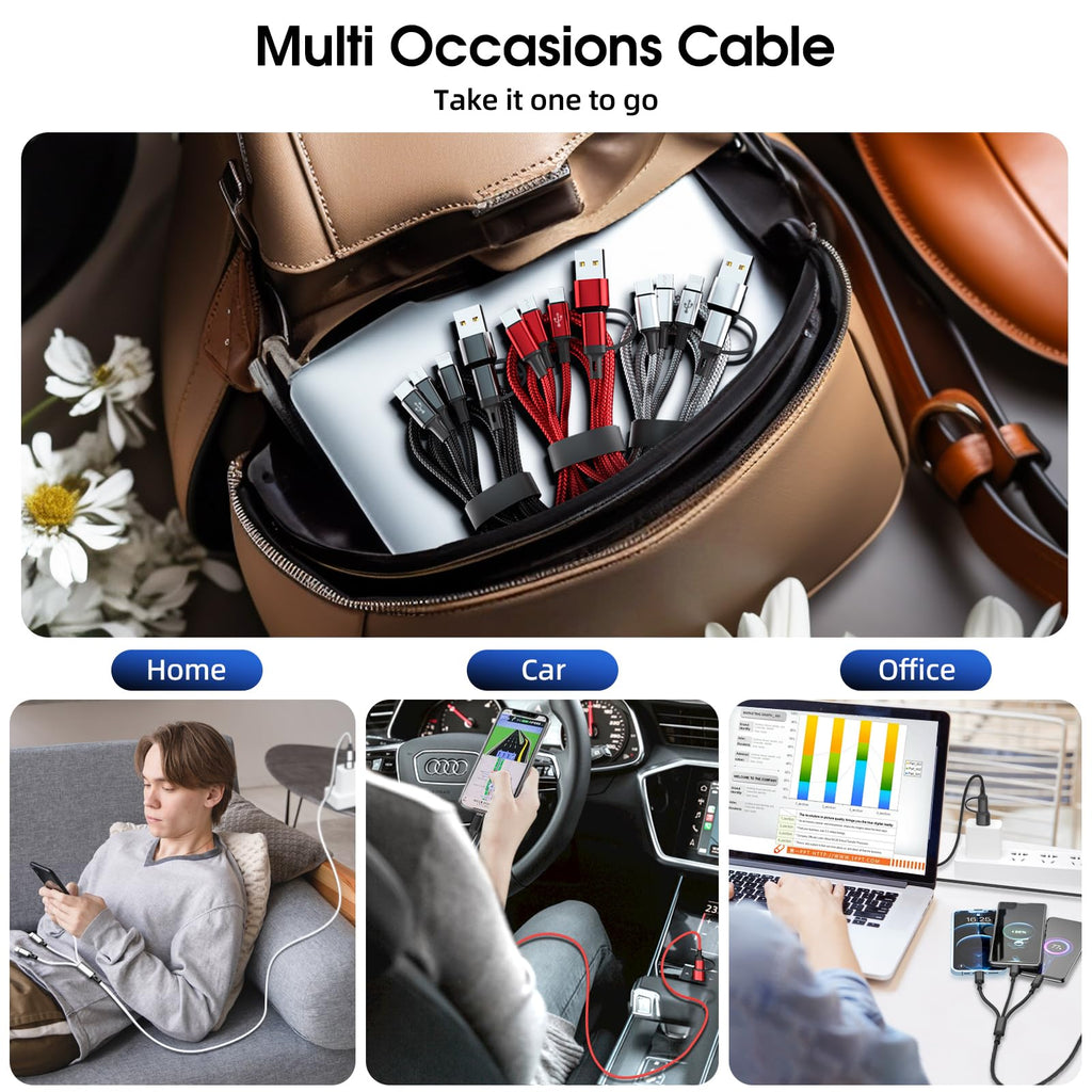 6 in 1 Multi Charging Cable [3Pack 4FT] Nylon Braided Multi Fast Charging Cord USB A/C to Phone USB C/Micro USB/i-P Connector Universal Multiple Phone Charger