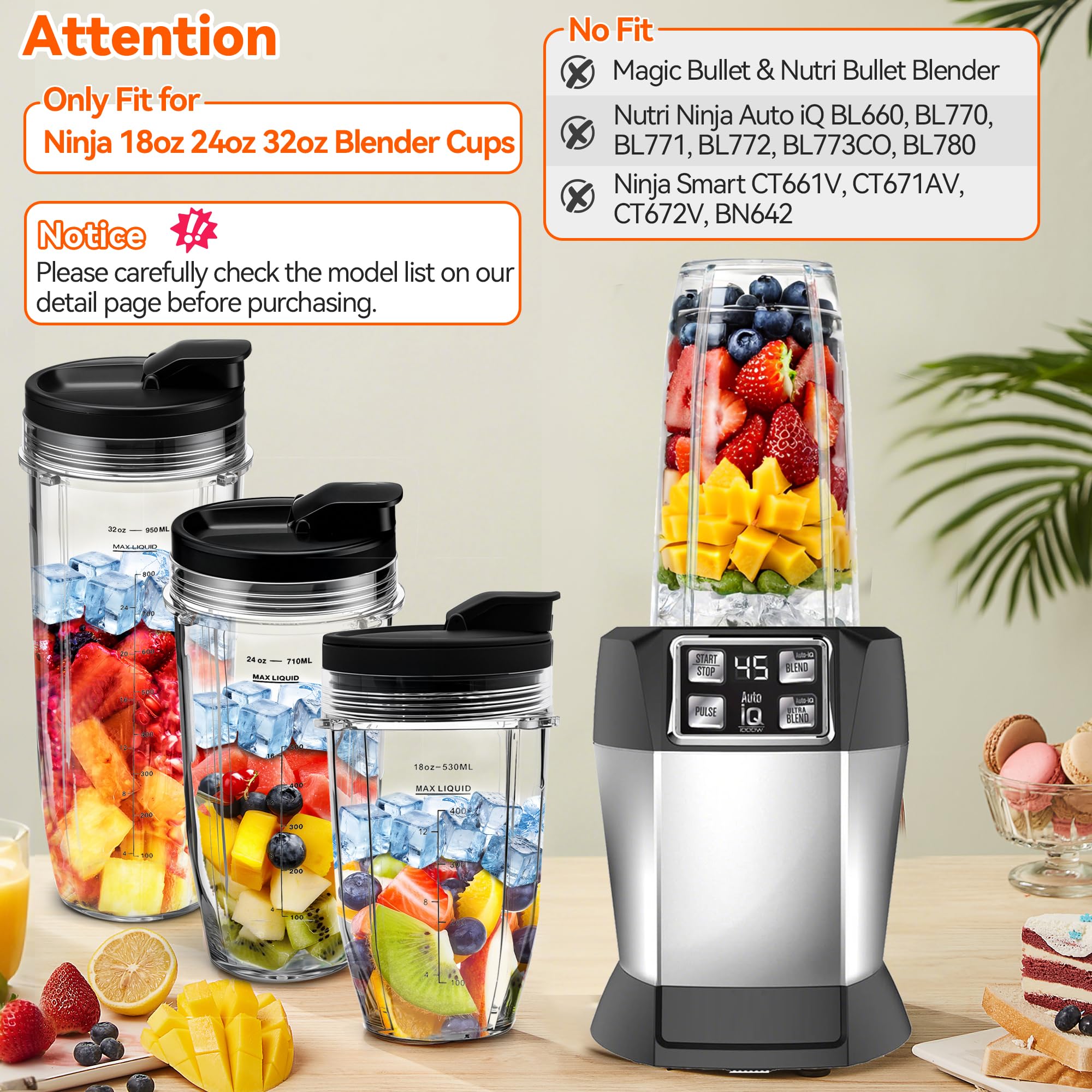 2Pcs Replacement 24oz Blender Cup with Sip Seal Lid for Nutri Ninja BL450 BL456 BL480 BL482 BL640 BL642 BL682 BN400 BN750 BN800 NN100 Foodi SS101 SS151 SS351 SS401 SS400 Ninja Auto IQ Series Blender