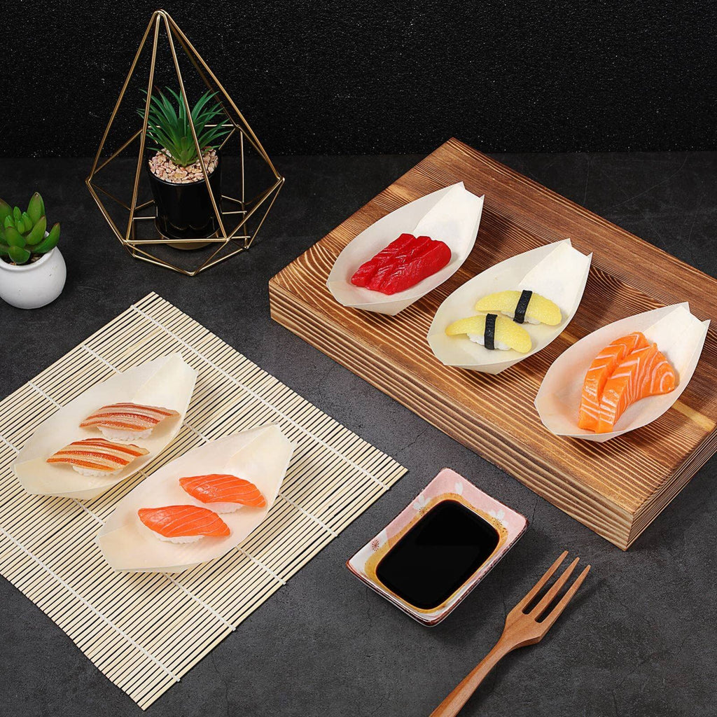 Cabilock 100pcs Disposable Wood Boat Plates, 5inch Sushi Boat Serving Tray Plate Japanese Style Snack Tray for Home Restaurant