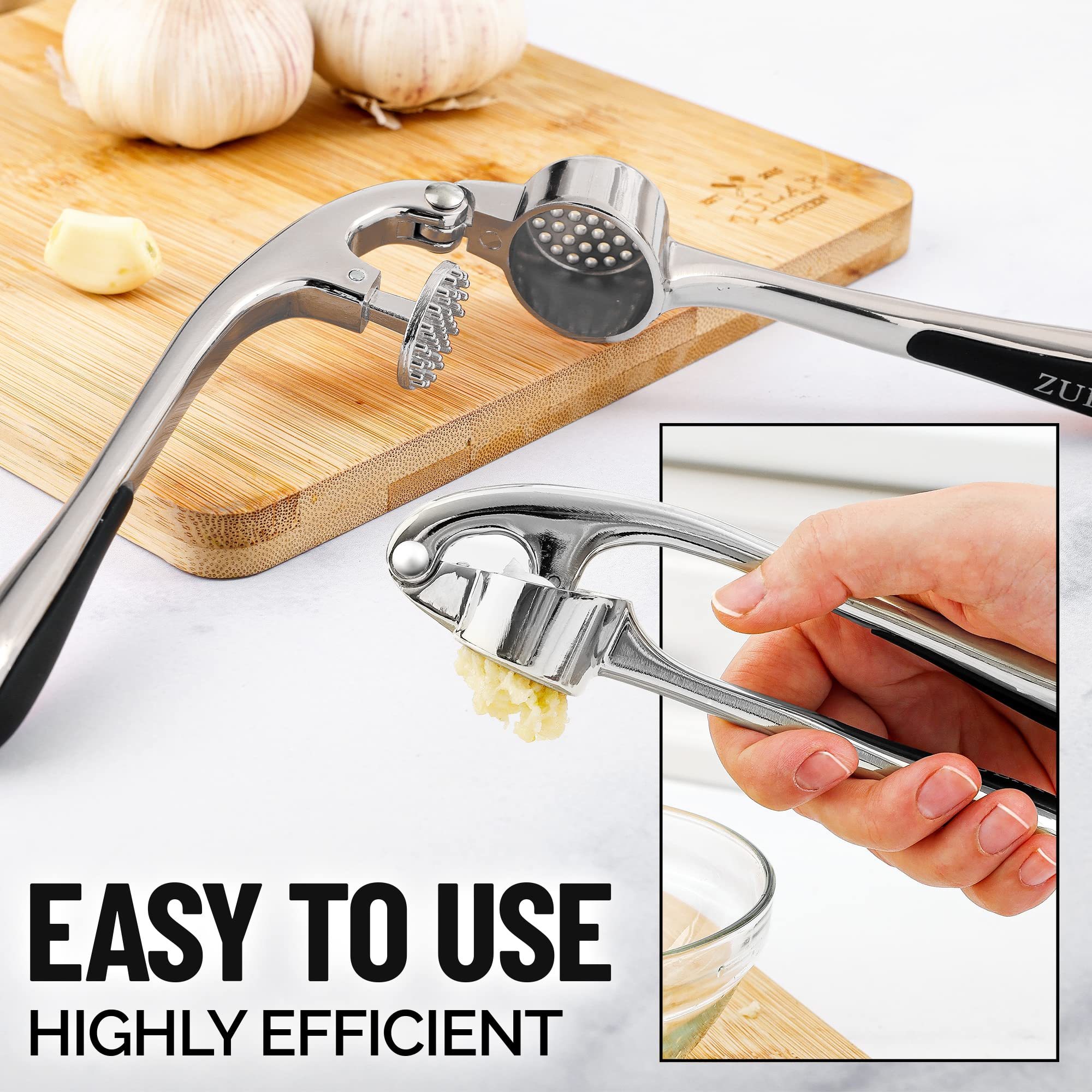 Zulay Kitchen Garlic Press with Soft, Easy to Squeeze Ergonomic Handle - Garlic Mincer Tool with Sturdy Design Extracts More Garlic Paste - Easy to Clean Garlic Crusher and Ginger Press (Chrome)