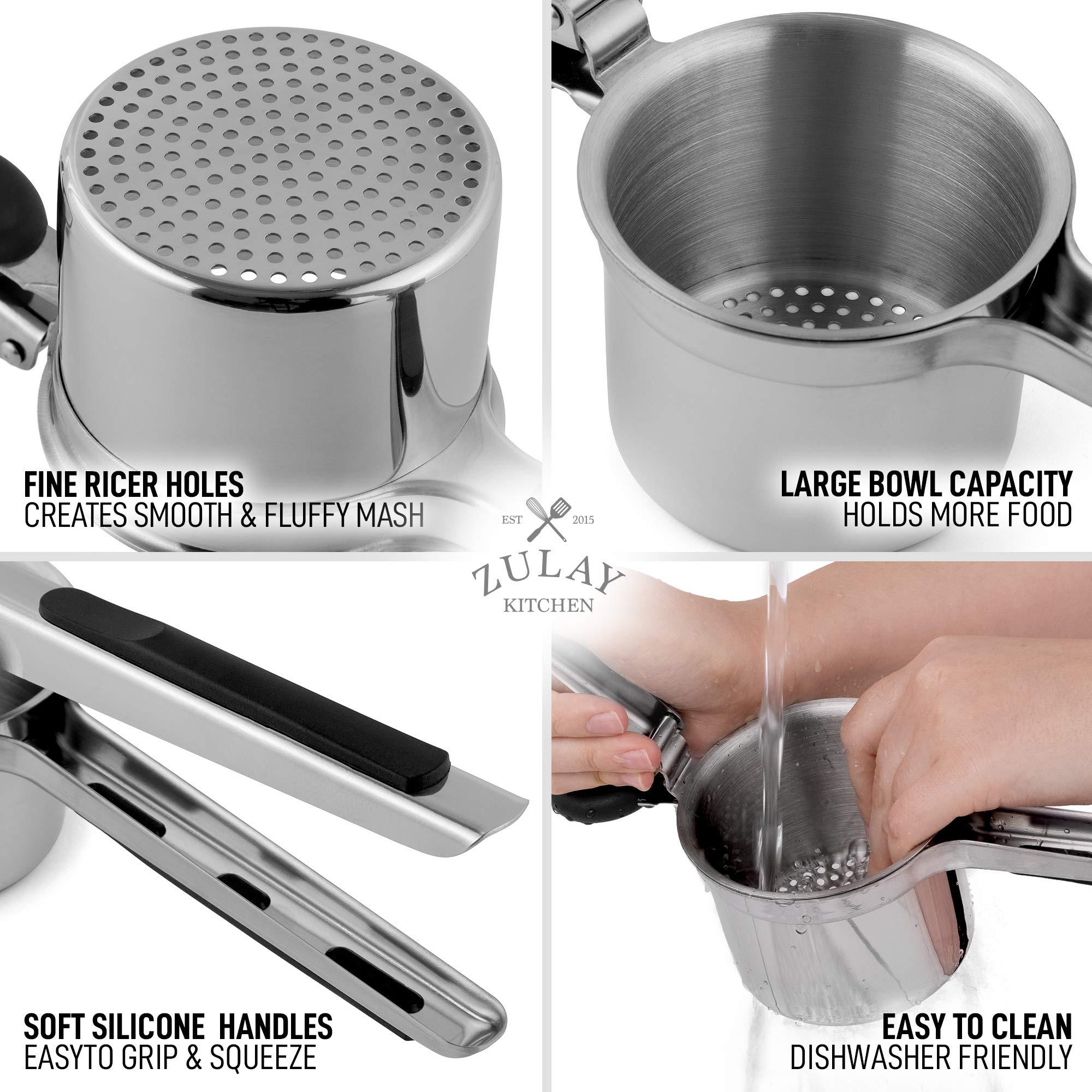 Zulay Kitchen Large 15oz Potato Ricer, Heavy Duty Stainless Steel Potato Masher and Ricer for Mashed Potatoes, Mashed Potato Masher & Potato Press Kitchen Gadget for Perfect Mashed Potatoes