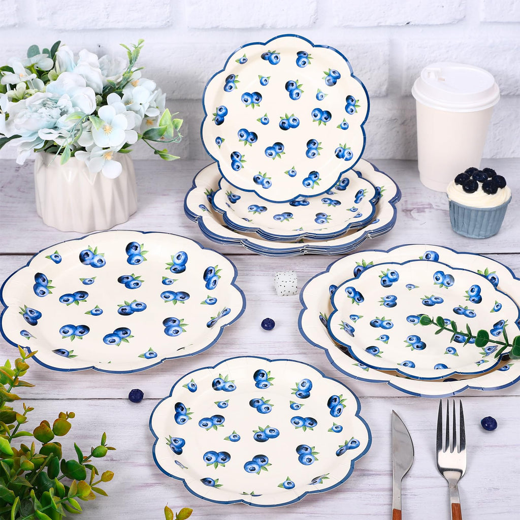 FYSUIMU 50Pcs Blueberry Scalloped Paper Plates 7 & 9 Inch Disposable Dinner Dessert Plates for Summer Birthday Baby Shower Party Supplies