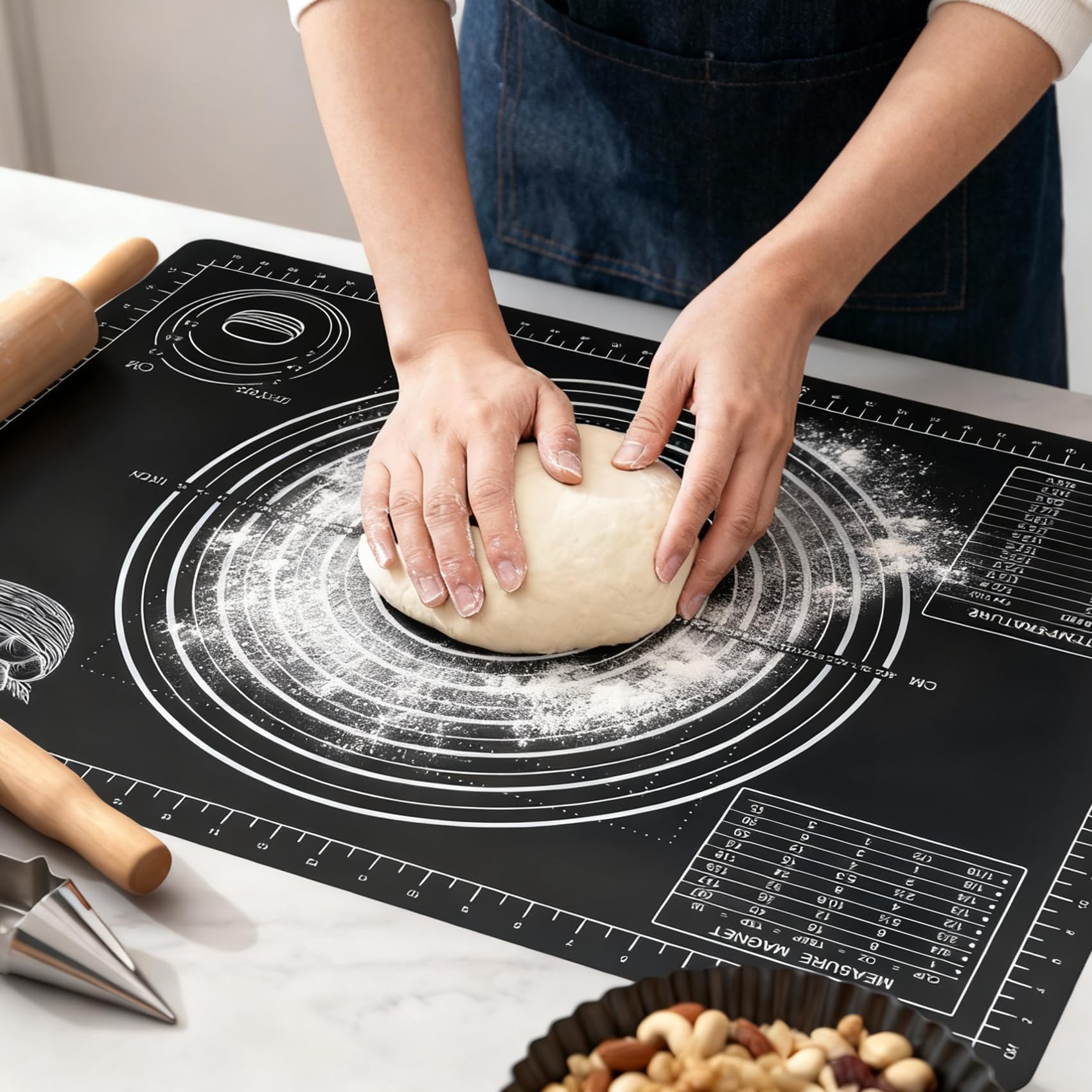 Nauvora Extra Large Baking Mat - 28" Silicone Pastry Mat, Reusable Non-Stick Dough Mat with Measurement for Fondant, Rolling Dough, Pie Crust, Pizza and Cookies, Black