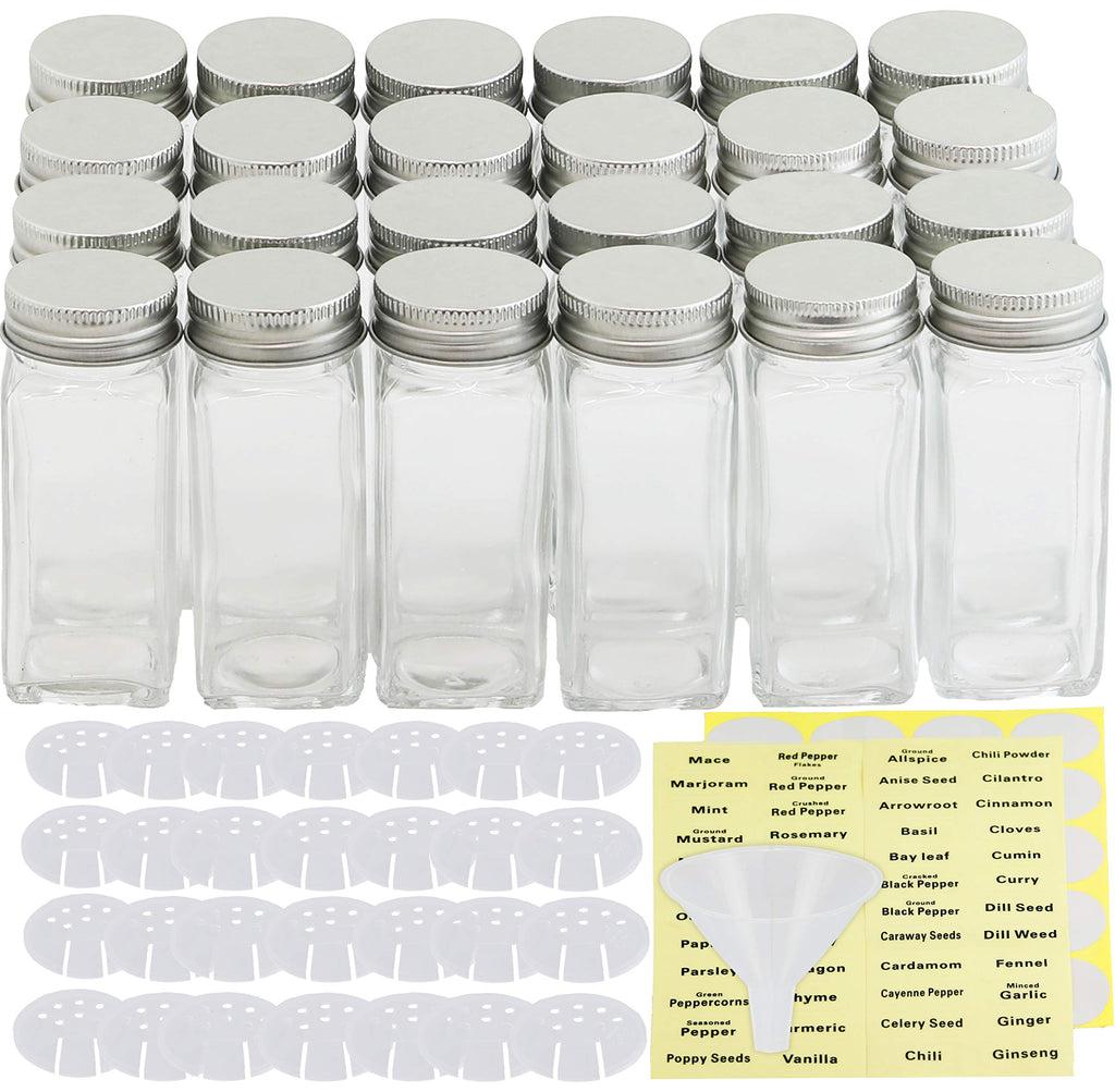 Simple Houseware Spice Jars 24 Pack-4oz Glass Square Bottles with Labels
