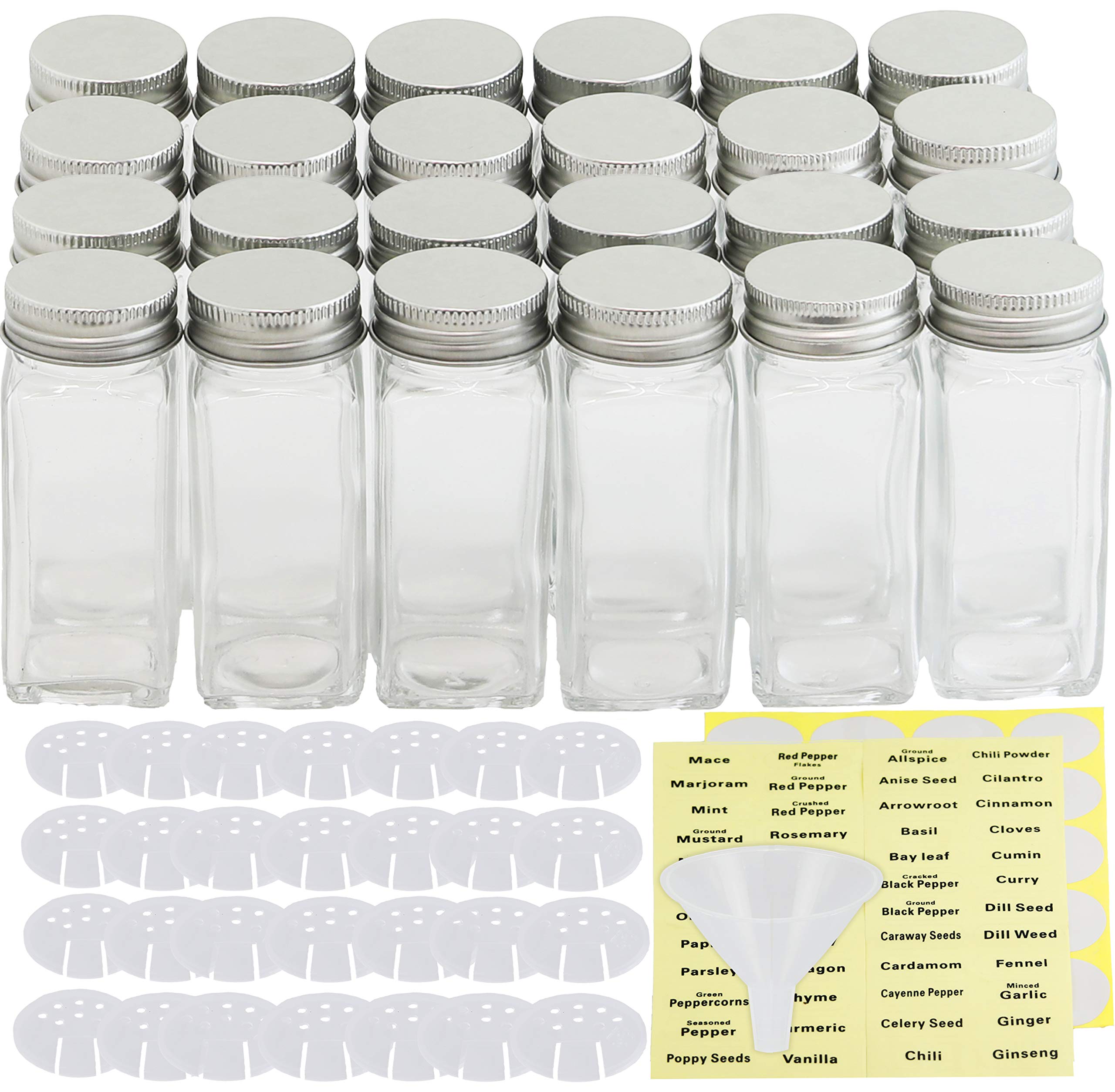 Simple Houseware Spice Jars 24 Pack-4oz Glass Square Bottles with Labels