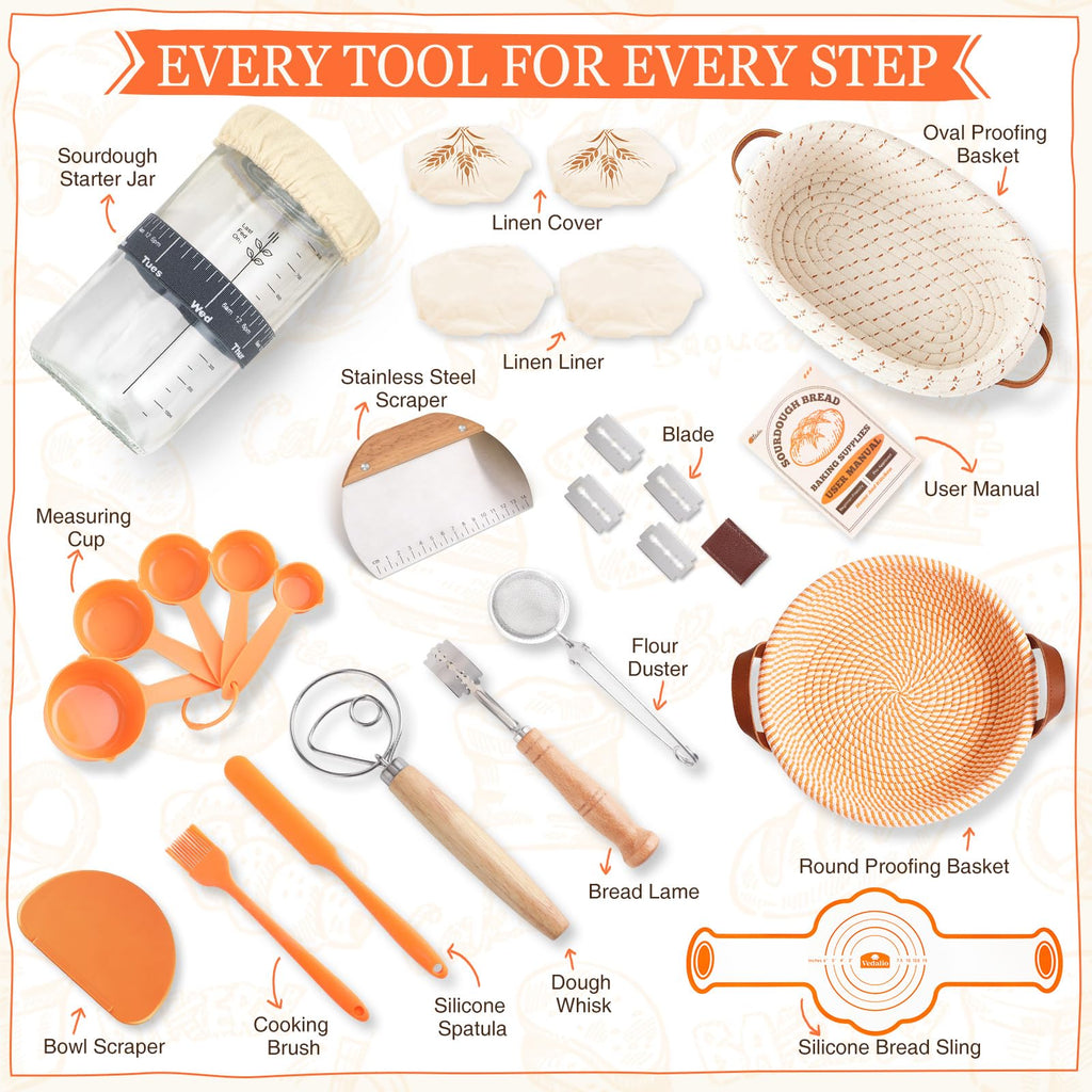 Sourdough Starter Kit, Sourdough Bread Baking Supplies, Sour Dough Starter Kits, Woven Banneton Bread Proofing Basket, Sourdough Kit Sour Dough Bread Making Tools Kit, Gifts for Women Mom Wife