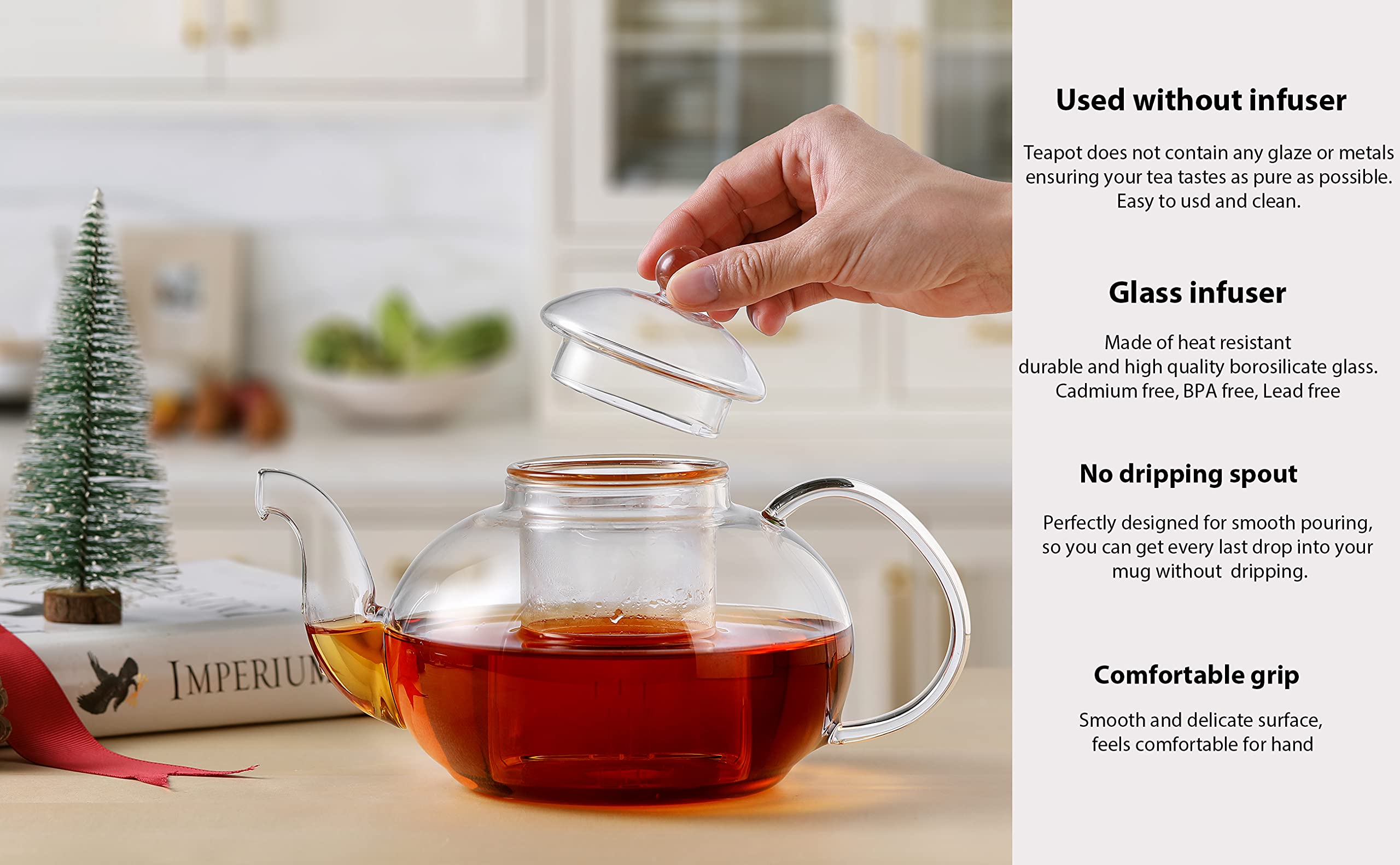 CnGlass Glass Teapot Stovetop Safe,Clear Teapot with Removable Infuser 20.3 oz,Loose Leaf and Blooming Tea Maker