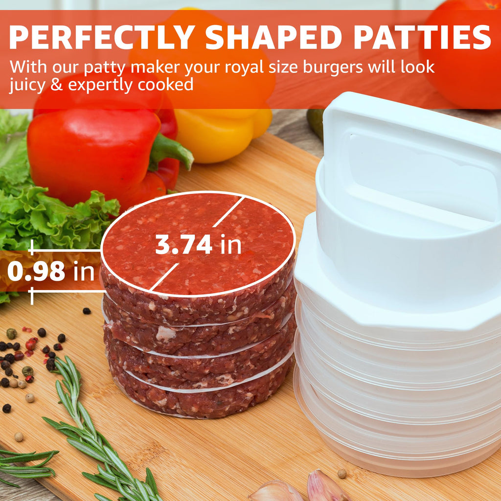 Hamburger Press Patty Maker - 4 in 1, Hamburger Mold, Patty Press, 8 Storage Containers, 100 Patty Papers - Burger Patty Maker Tool for BBQ - Burger Shaper Mold for Meat