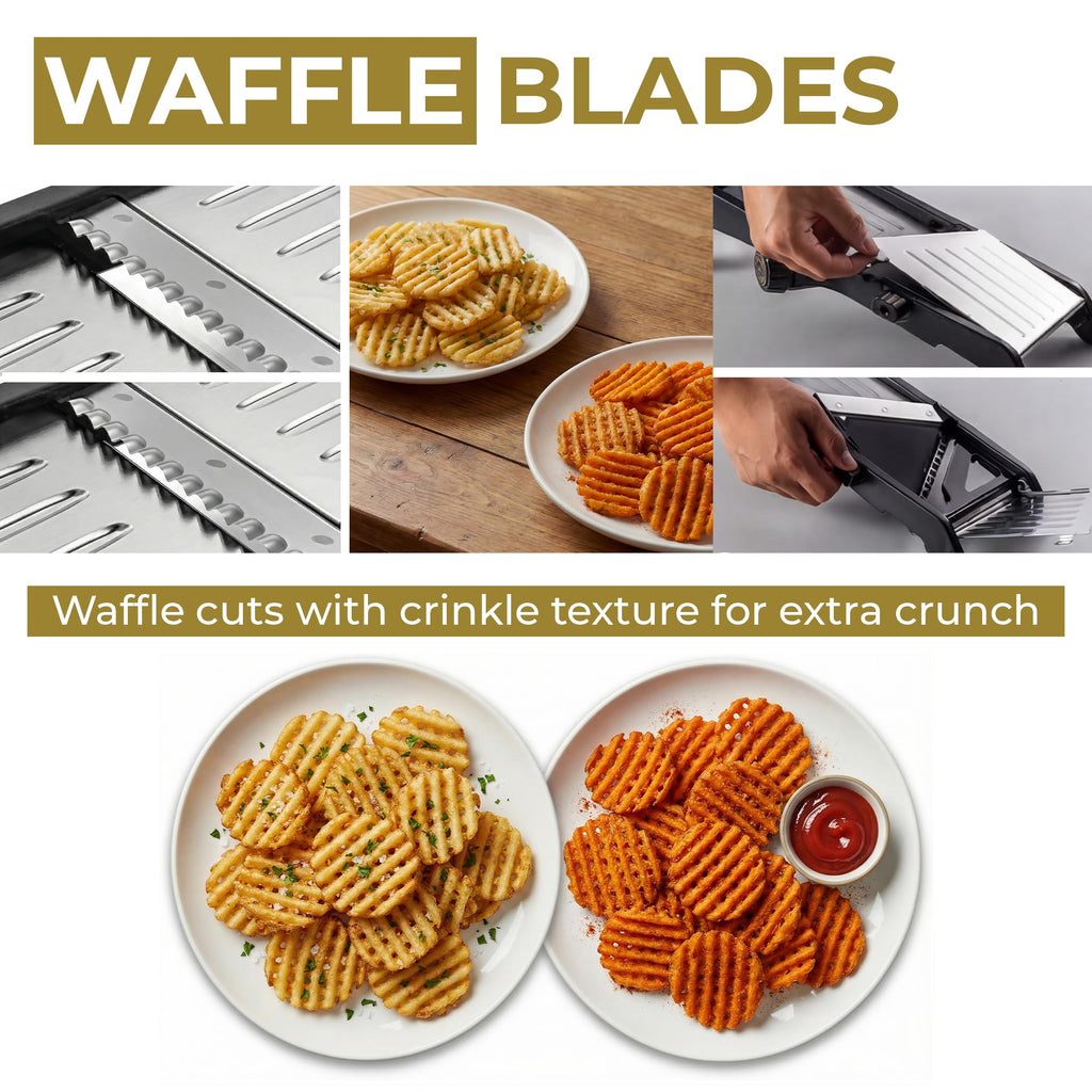 Gramercy Adjustable Mandoline Slicer for Kitchen, Potato Cutter, Vegetable Chopper, Mandolin, Cucumber Slicer- INCLUDING one Pair Cut-Resistant Gloves and Waffle Fry Cutter