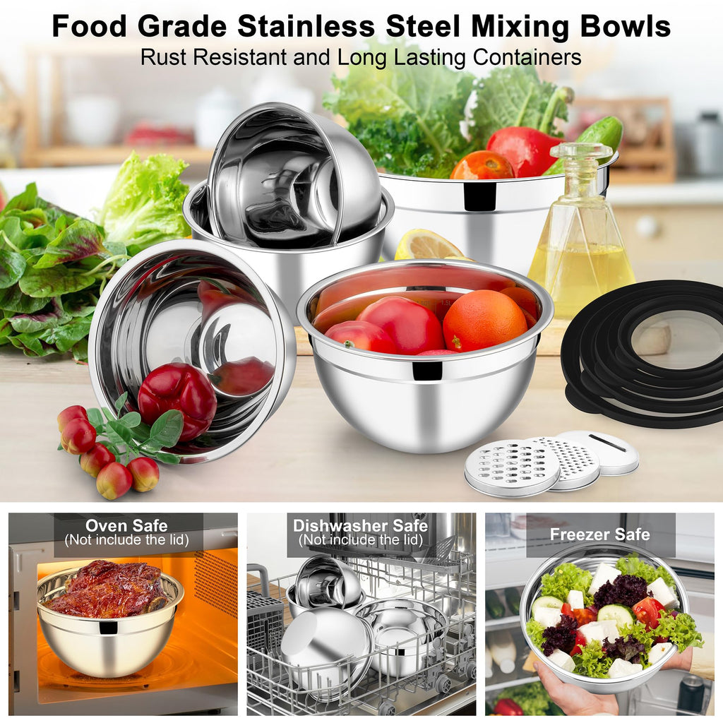 E-far Mixing Bowls Set of 5, Stainless Steel Salad Mixing Bowl with Transparent Lid, Metal Nesting Bowl Attach with 3 Graters for Kitchen Prepping/Serving/Baking/Storage, 4.6/2.6/1.5/1/0.7 QT - Black