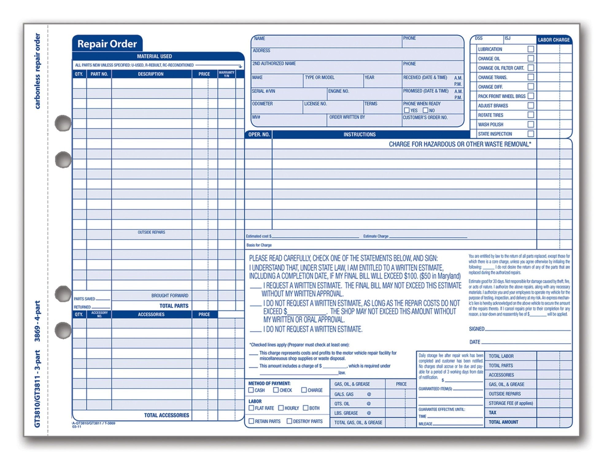 Adams Garage Repair Order Forms, 8.5 x 11.44 Inches, 3 Part, 50 Sets, White and Canary, (GT3810)