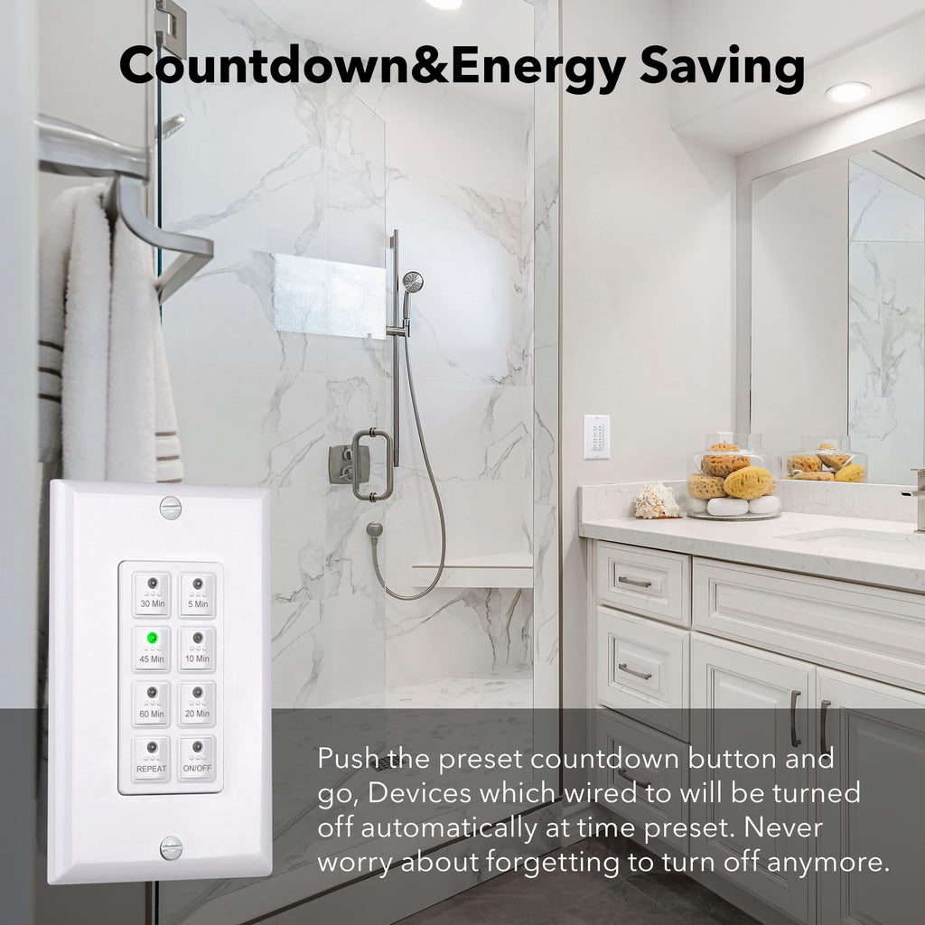 BN-LINK Countdown Digital Wall Timer Switch for Exhaust Fan with Push Button 5-10-20-30-45-60mins, Bathroom Fan Light Switch Timer Indoor, Neutral Required, Wall Plate Included, White