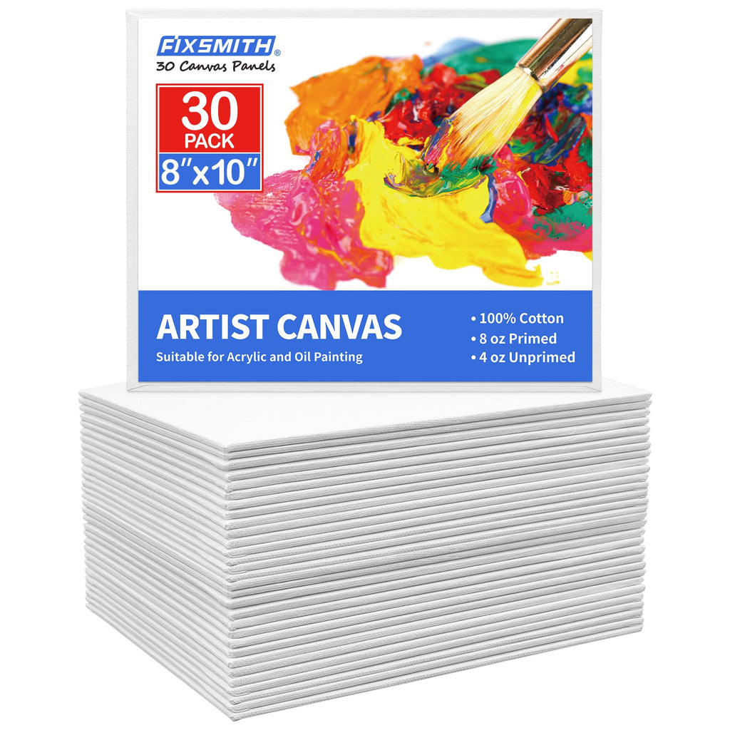 FIXSMITH Canvases for Painting 30 Pack - 8 x 10 Inch Painting Canvas Panel Boards - 100% Cotton Primed Canvases - Super Value Pack - Artist Canvas Board for Acrylic, Oil & Tempera Painting