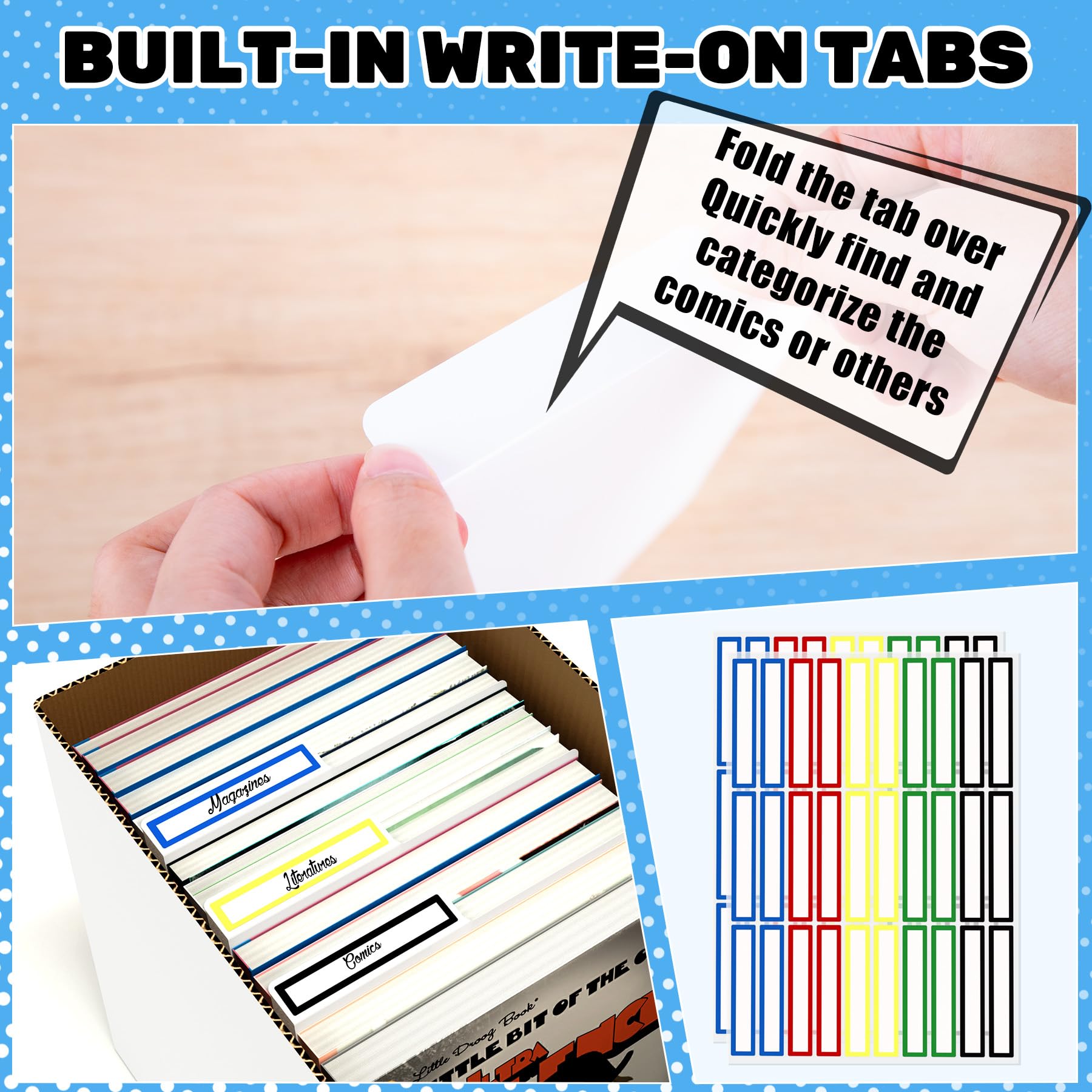AKONEGE 50 Pack Comic Book Dividers with Tab and 4 Pack Colorful Label Stickers for Comic Book Storage Boxes Bins, 11.25" x 7.25" White Frosted Plastic Dividers Organize Boards for Fabric, Magazine