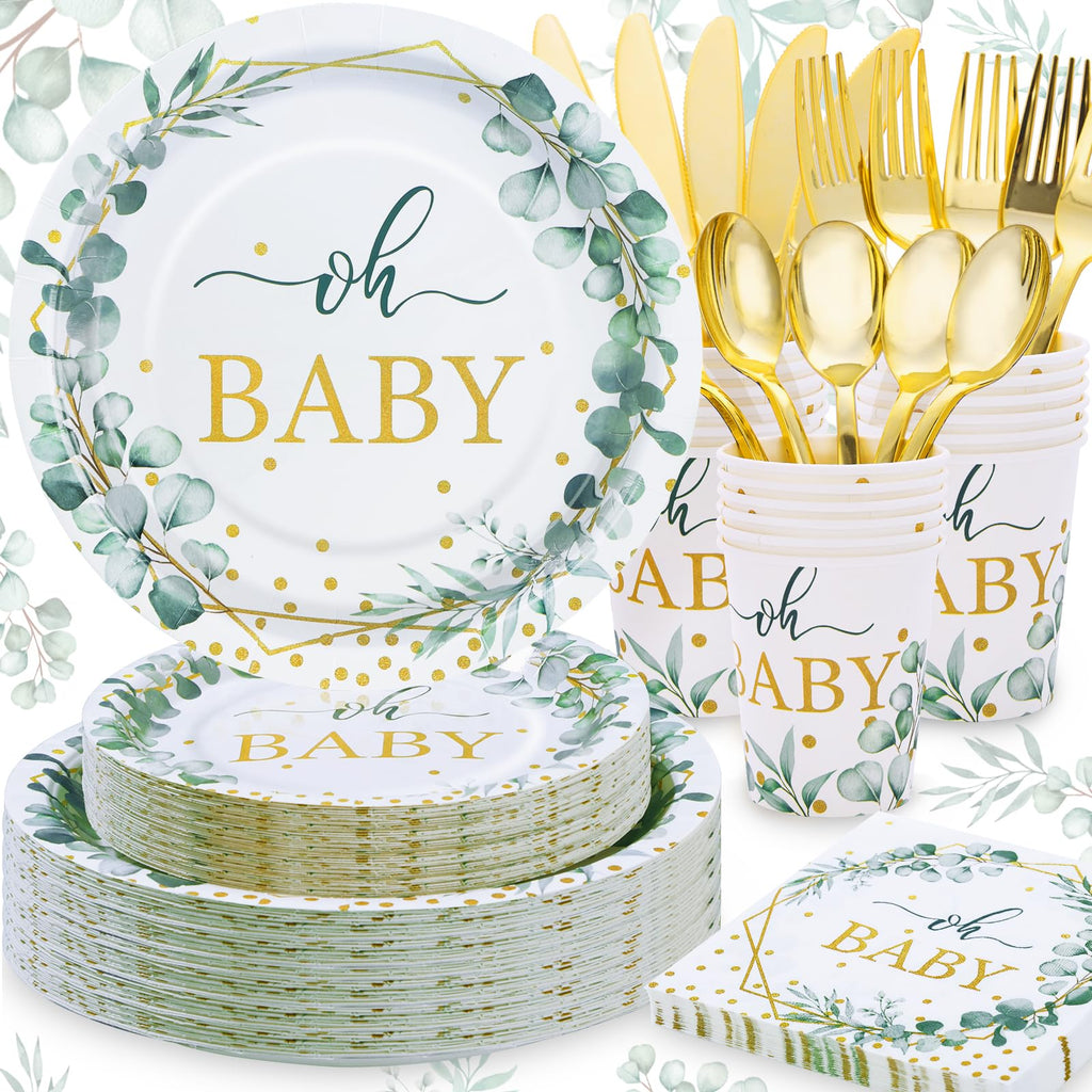 Gudvilla 168 PCS Sage Green Baby Shower Decorations Neutral, Baby Shower Plates and Cups and Napkins Sets Serves 24, Oh Baby Plates for Boy, Gender Reveal, Green and Gold Plant Eucalyptus Boho