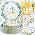 Gudvilla 168 PCS Sage Green Baby Shower Decorations Neutral, Baby Shower Plates and Cups and Napkins Sets Serves 24, Oh Baby Plates for Boy, Gender Reveal, Green and Gold Plant Eucalyptus Boho
