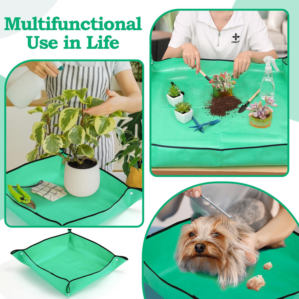 Lucomb 2Pcs Repotting Mat Set, 39''Large & 26''Small Foldable Waterproof Plant Gardening Mats with Accessories, Portable Potting Tray for House Plants Succulents