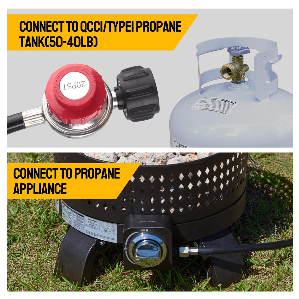Onlyflame 12FT High Pressure 0-20 PSI Adjustable Propane Regulator and Hose - Grill Connector with Hose for Tabletop Grill, Fire Pit, Turkey Fryer and More